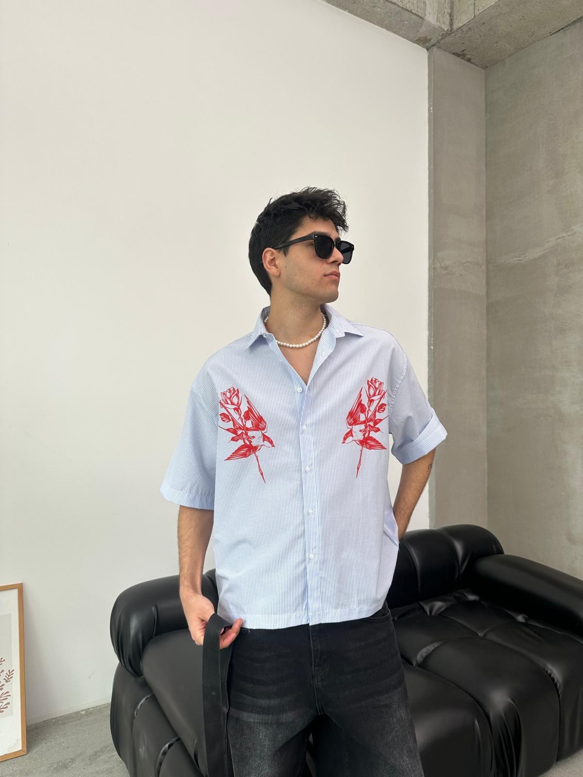 Rose Baskılı Mavi Oversize Gömlek