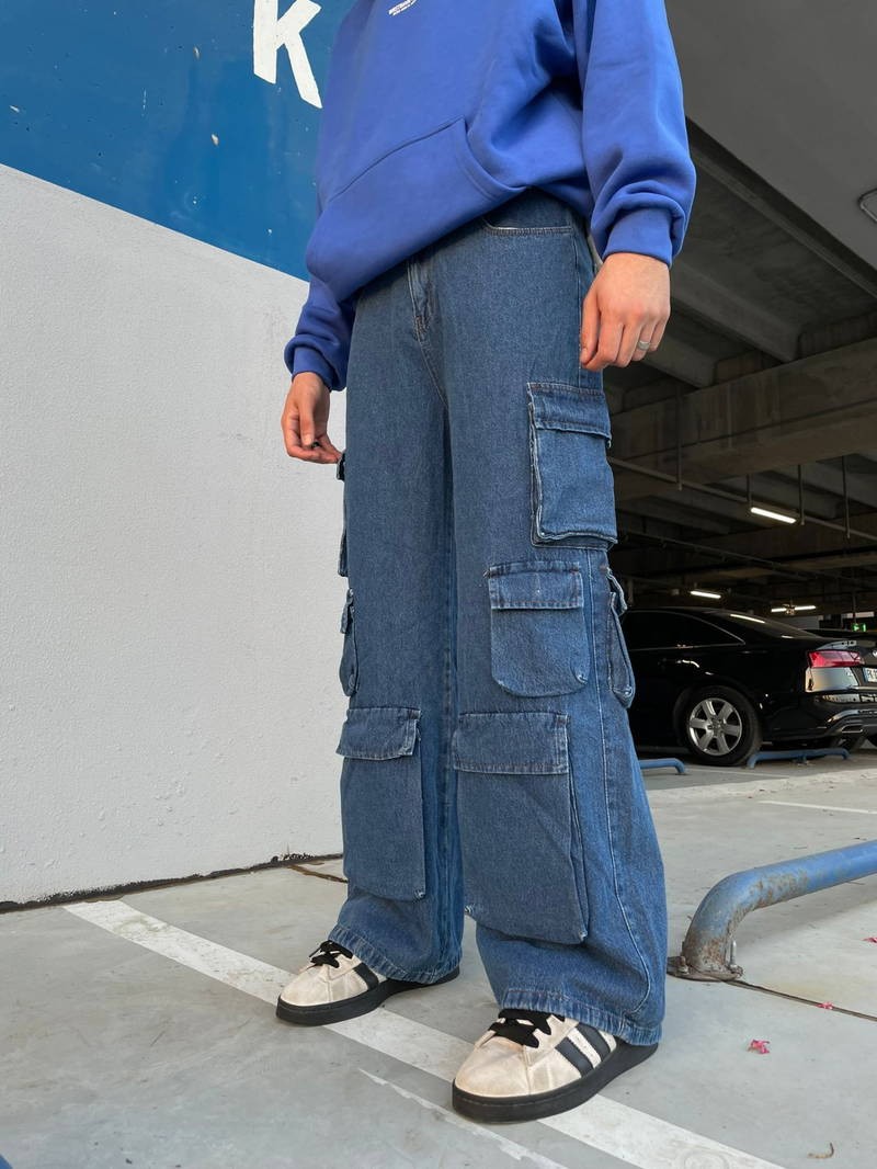 Multi Cargo Pocket Blue Baggy Pantolon