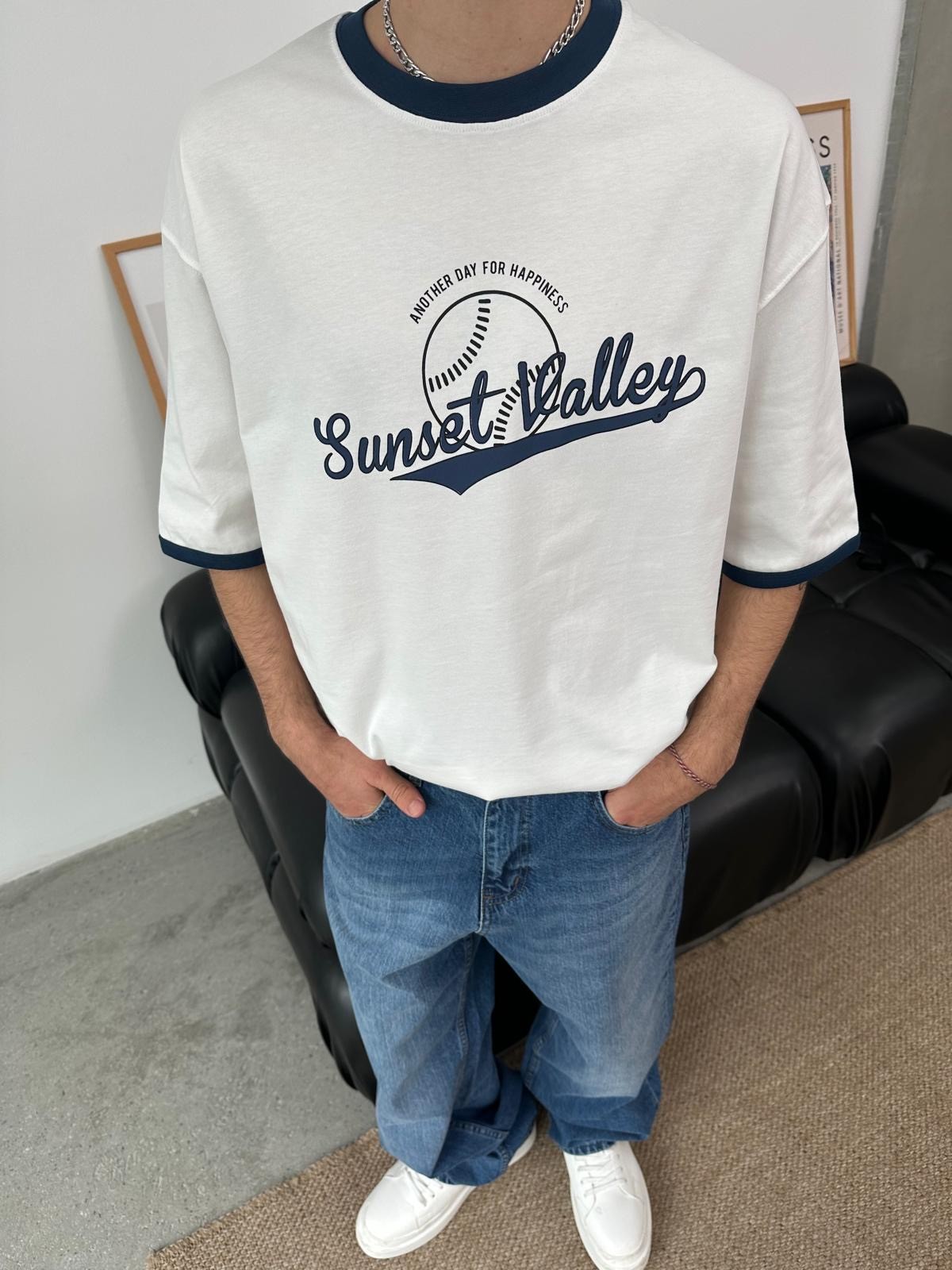 Sunset Valley Baskılı Kol Detay Oversize İndigo T-Shirt 