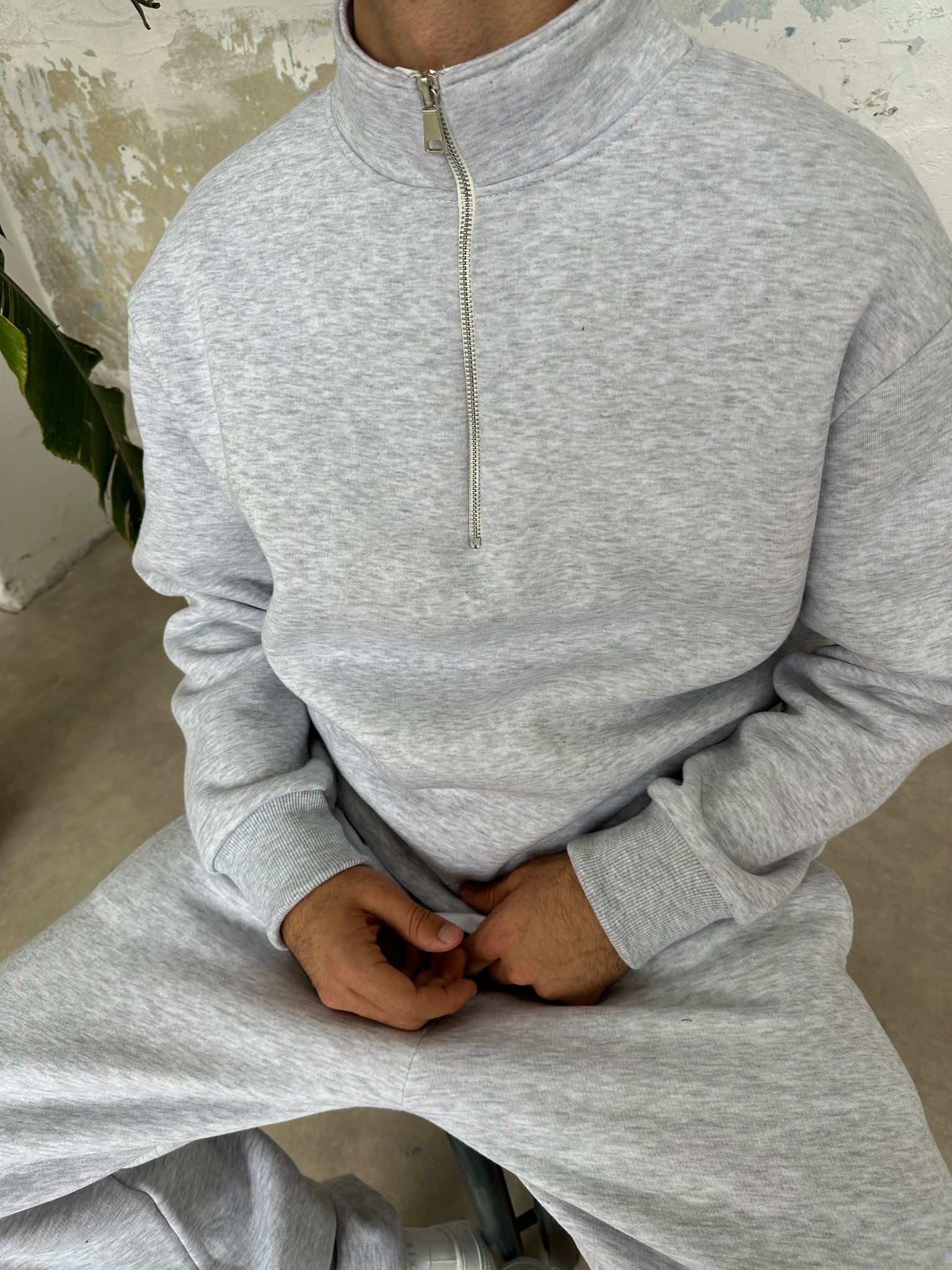 Gri Melanj Basic Eşofman Takımı (Eşofman+Half Zip)