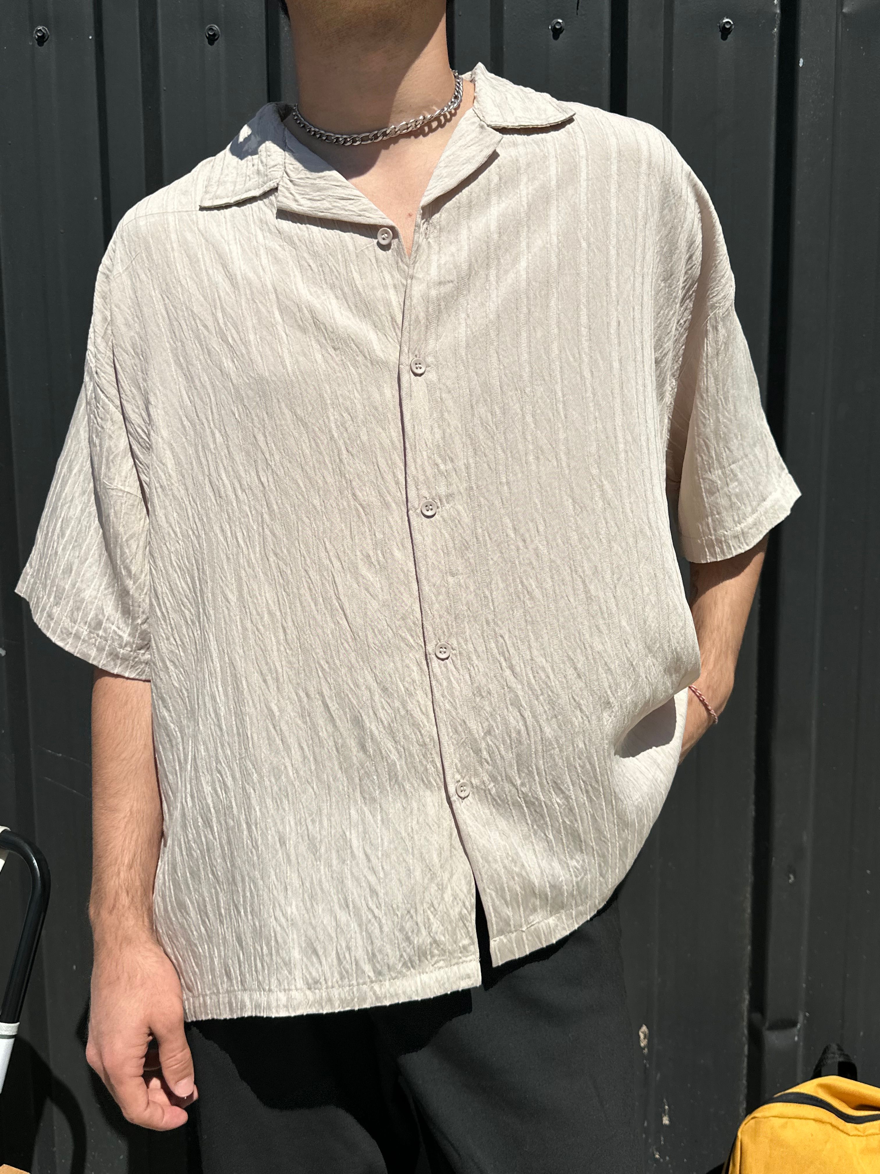 Sand Bej Şeritli Oversize Gömlek