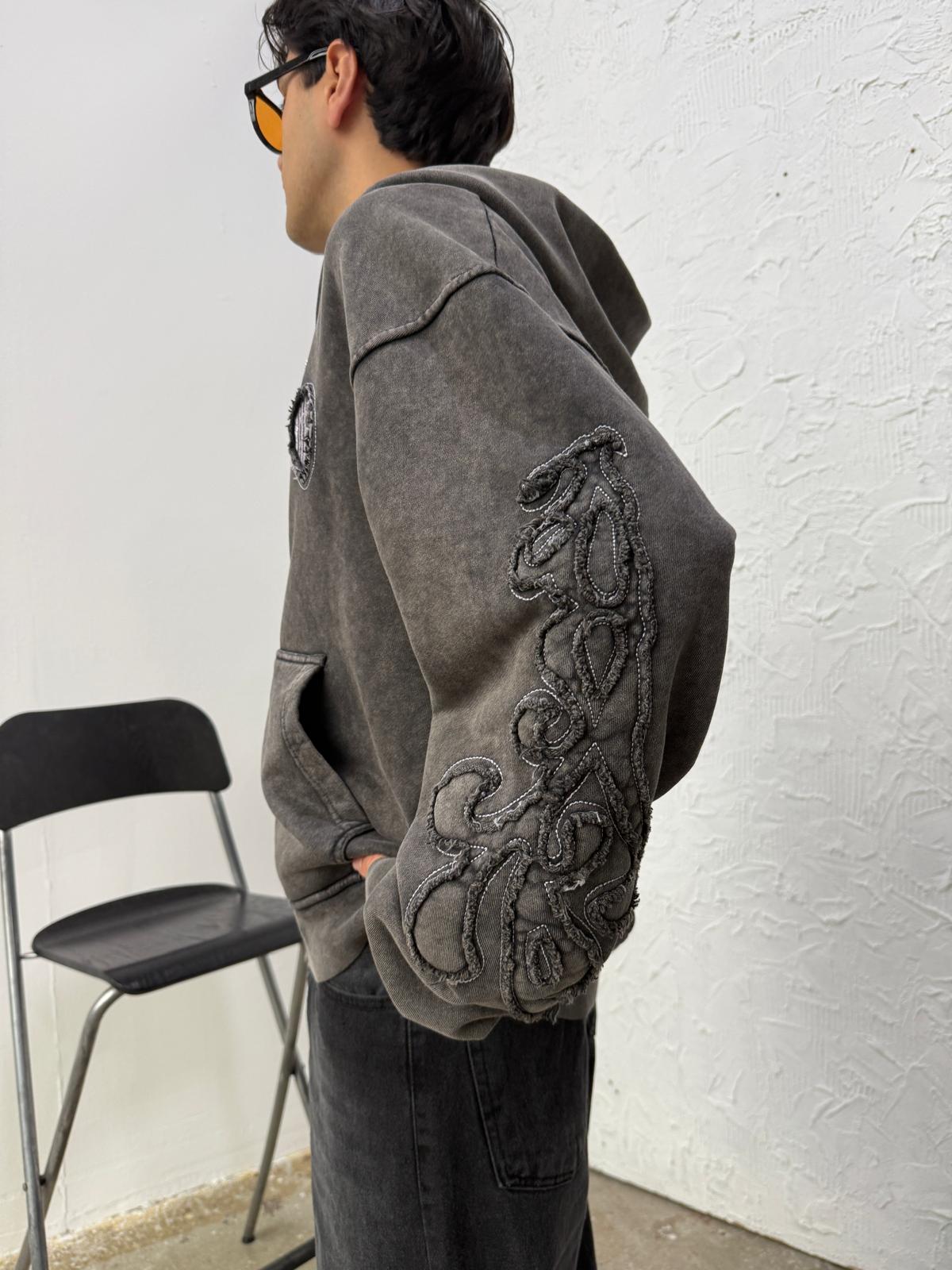 Kol Patch Detay Washed Black Diyagonel Zip Hoodie