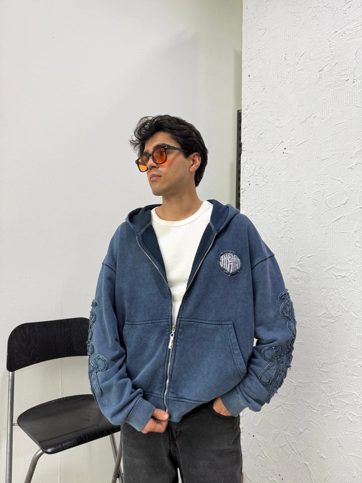 Kol Patch Detay Washed Blue Diyagonel Zip Hoodie