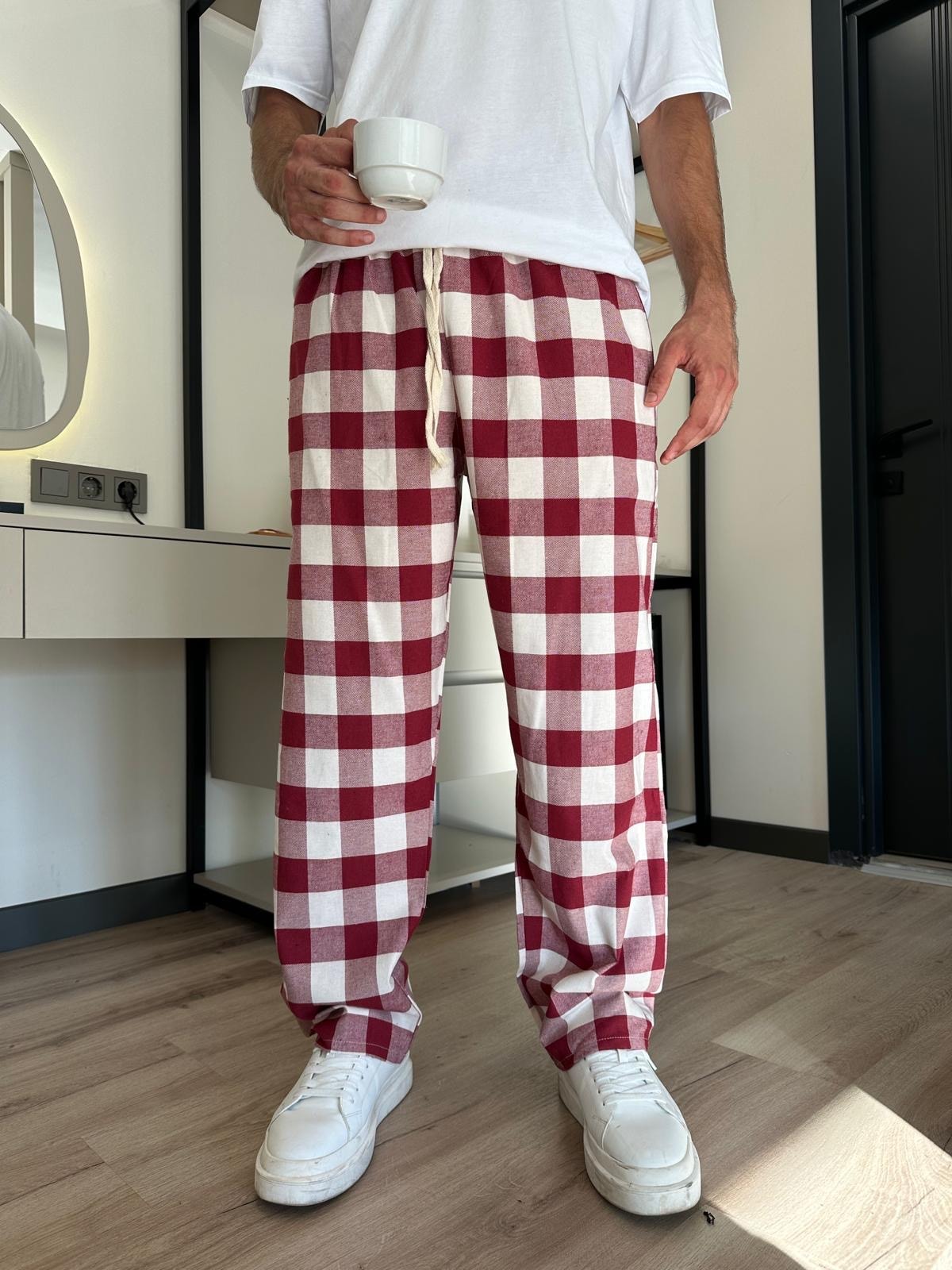 Bordo Beyaz Kareli Ekose Eşofman