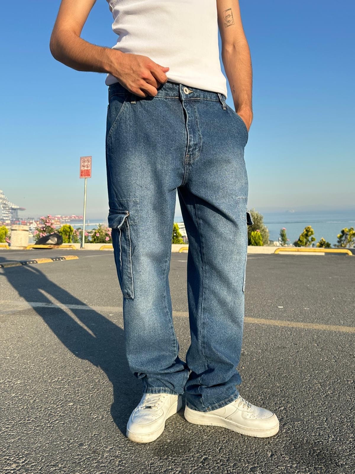 Kargo Cepli Koyu Mavi Baggy Pantolon