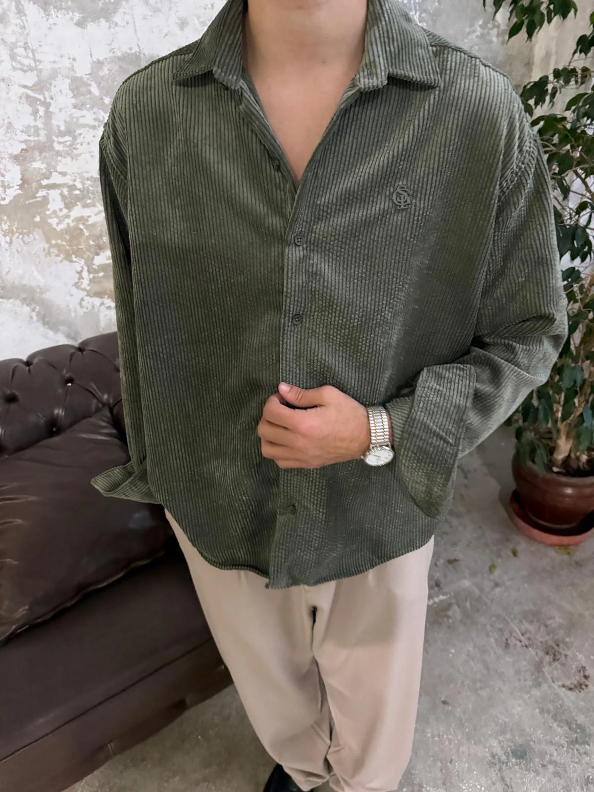 Kadife Haki Yeşili Oversize Gömlek