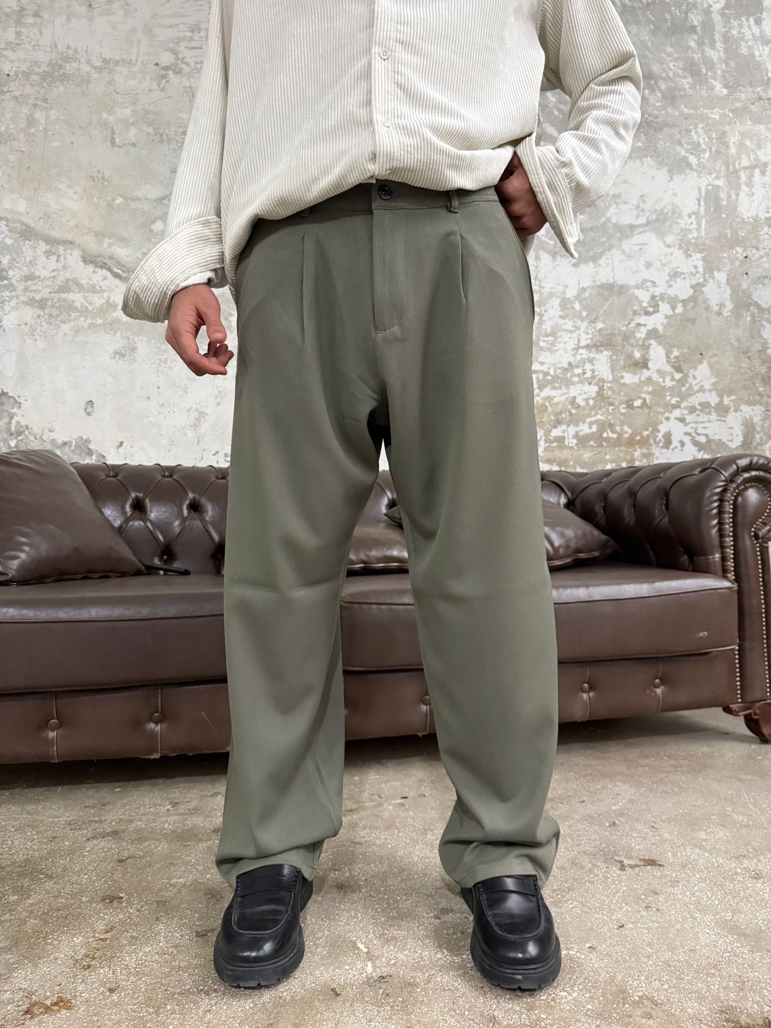 Alya Haki Yeşili Baggy Kumaş Pantolon