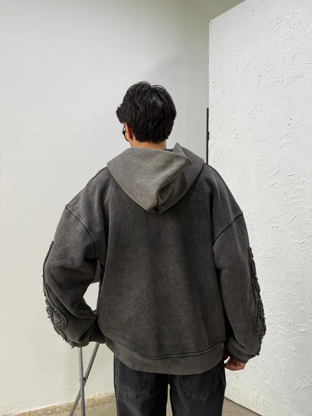 Kol Patch Detay Washed Black Diyagonel Zip Hoodie