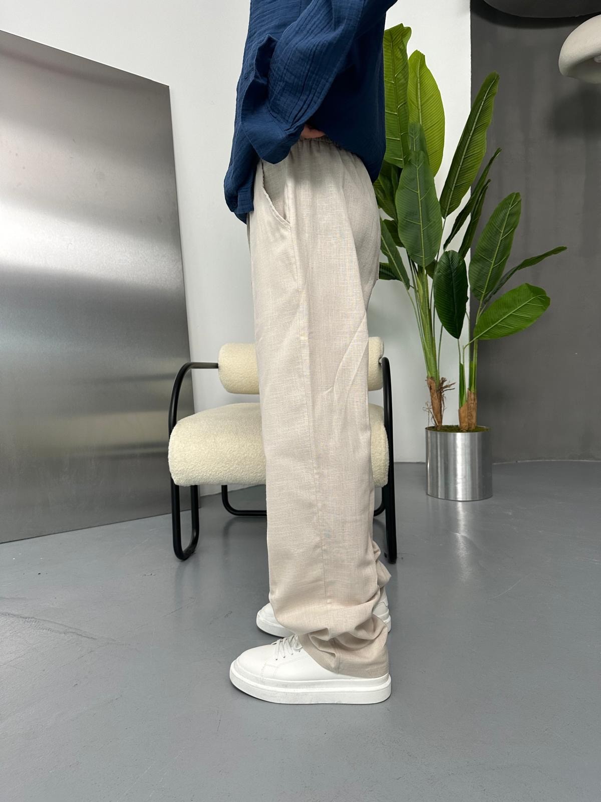 Znc Beyaz Keten Baggy Pantolon