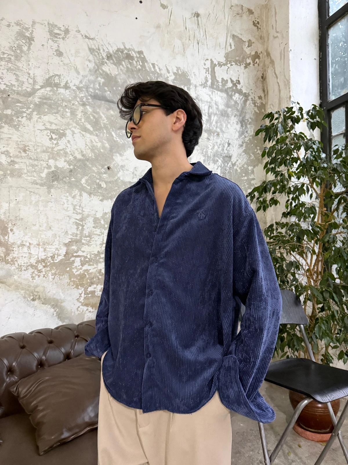 Kadife Lacivert Oversize Gömlek