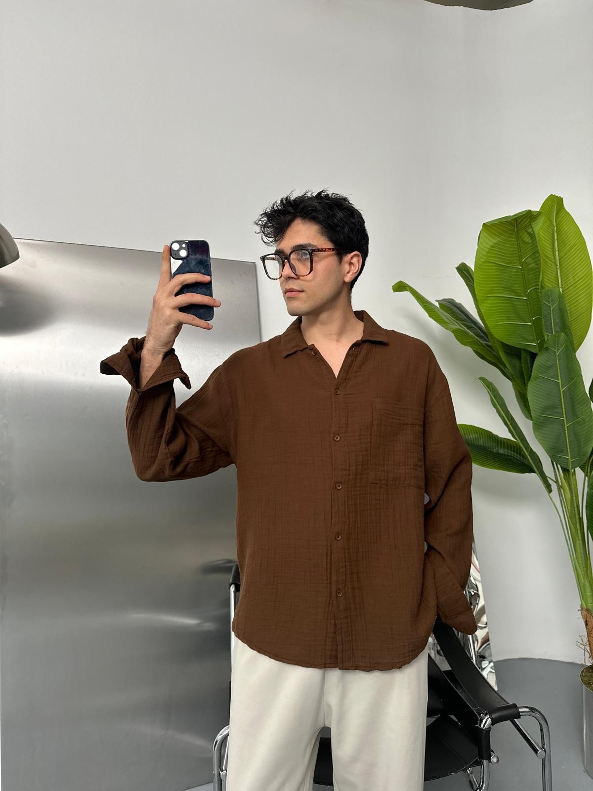 Cepli Müslim Oversize Kahve Gömlek