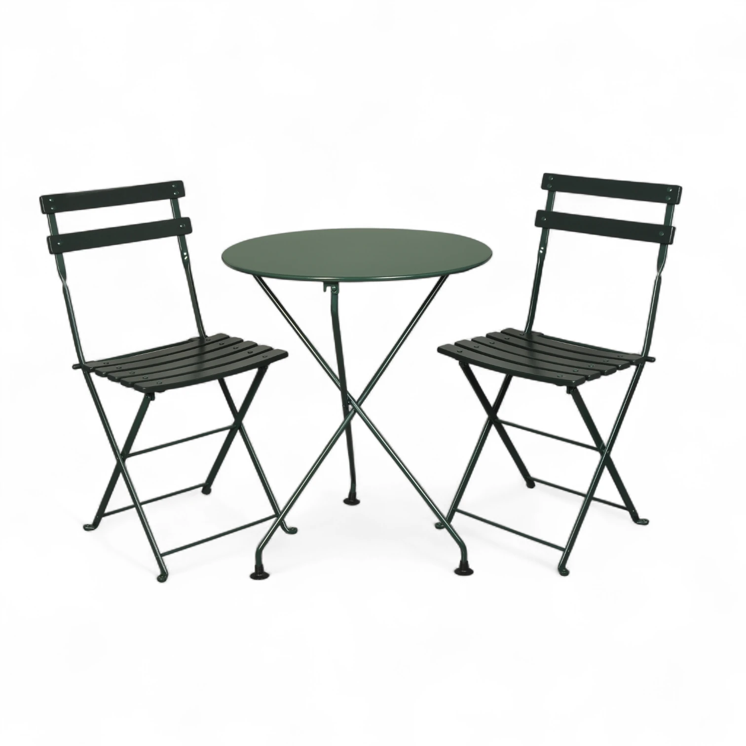 5508 Katlanır sandalye masif doğal ahşap yeşil renk & katlanır masa metal tabla 60 cm çap 2 + 1 set