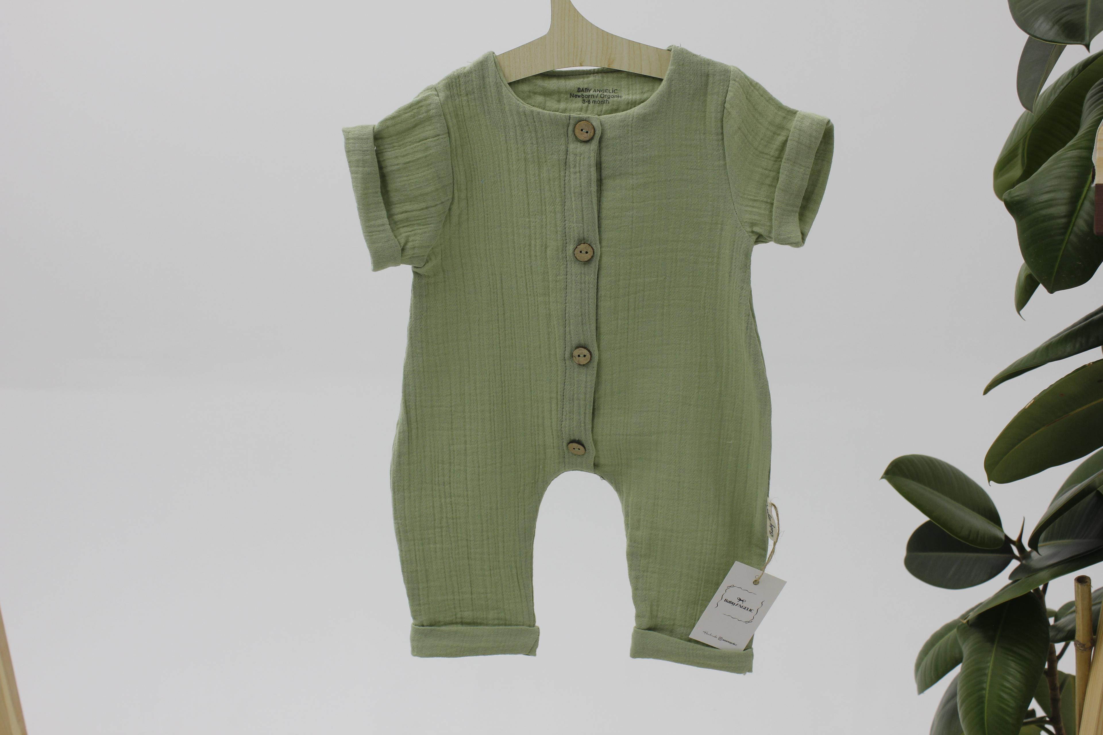 Baby Angelic Müslin Kumaş El Yapımı Bebek Tulum – %100 Pamuk | Yeşil, Pembe, Bej Renk Seçenekleri - Yeşil