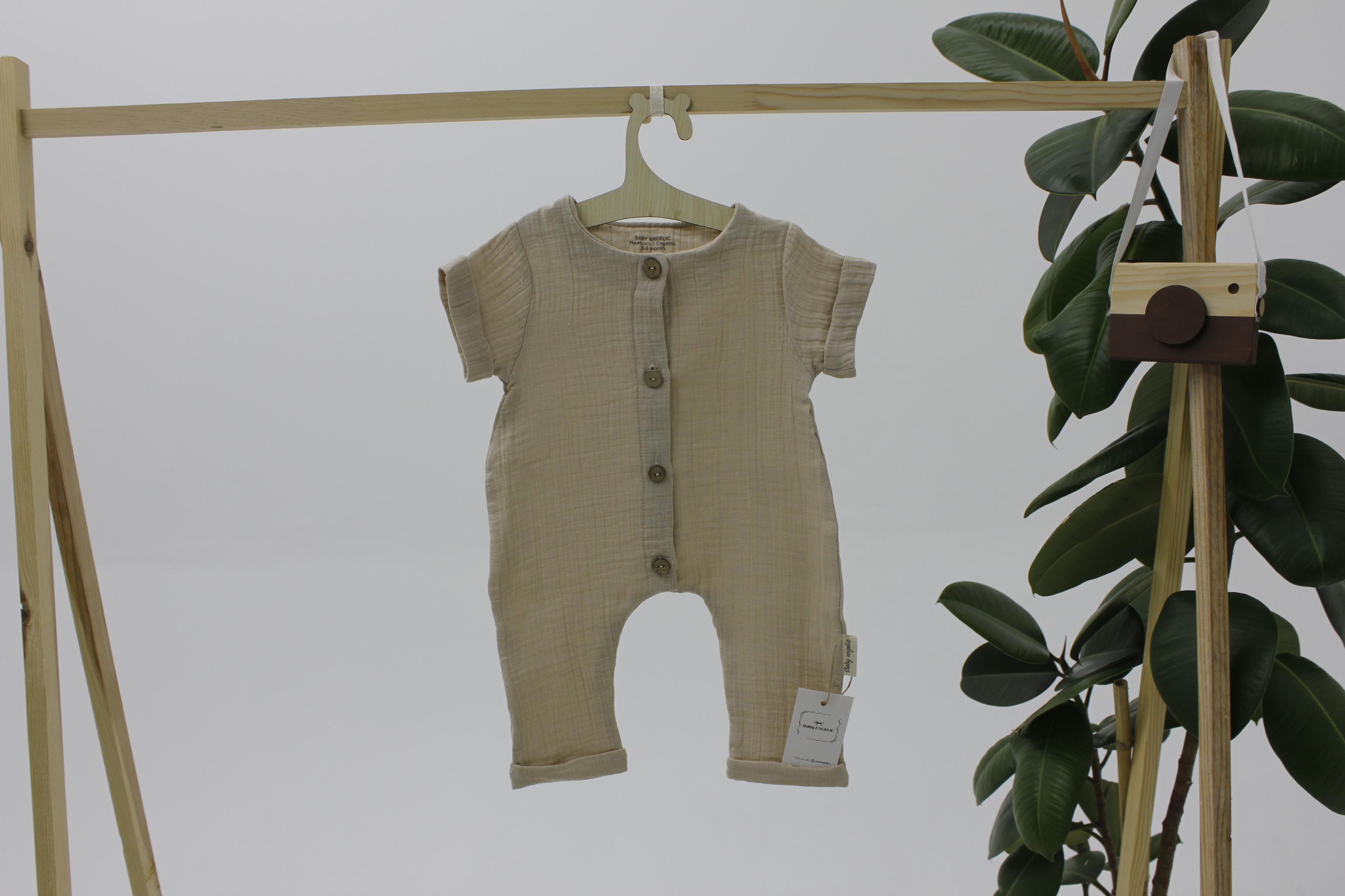 Baby Angelic Müslin Kumaş El Yapımı Bebek Tulum – %100 Pamuk | Yeşil, Pembe, Bej Renk Seçenekleri - Bej
