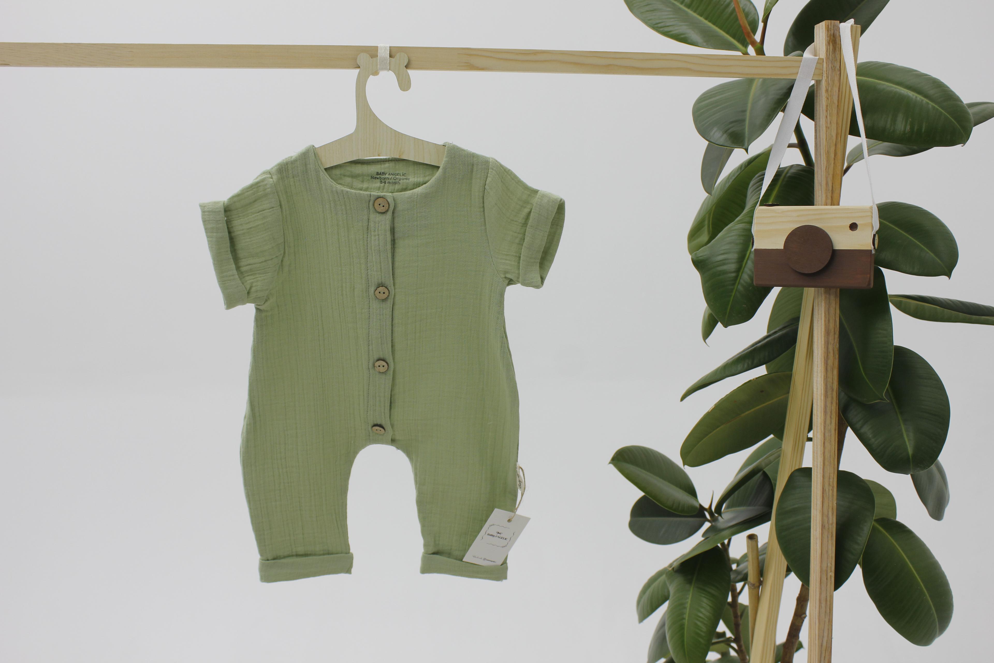 Baby Angelic Müslin Kumaş El Yapımı Bebek Tulum – %100 Pamuk | Yeşil, Pembe, Bej Renk Seçenekleri
