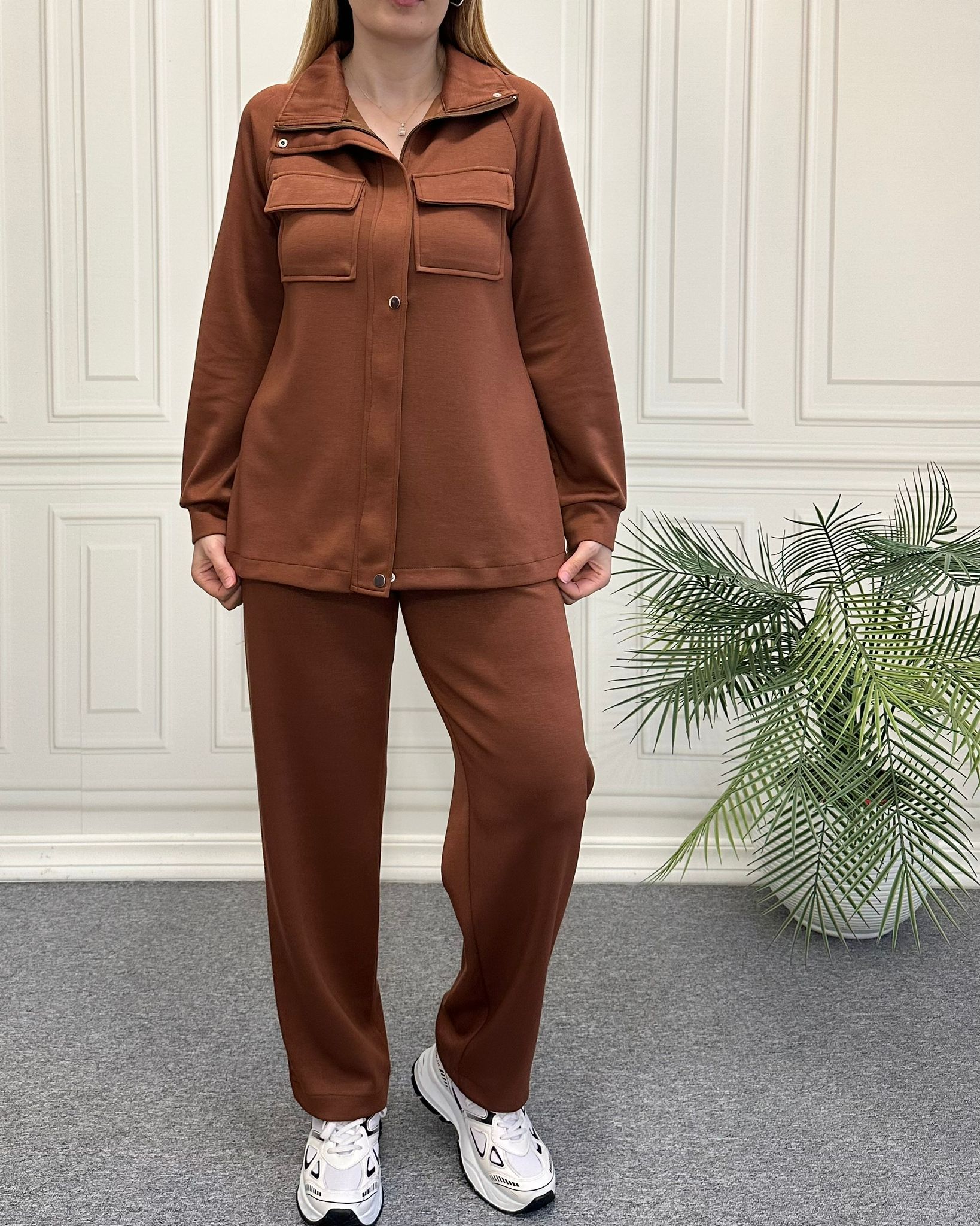 Dik Yaka Modal Kumaş  İkili Takım Kahve