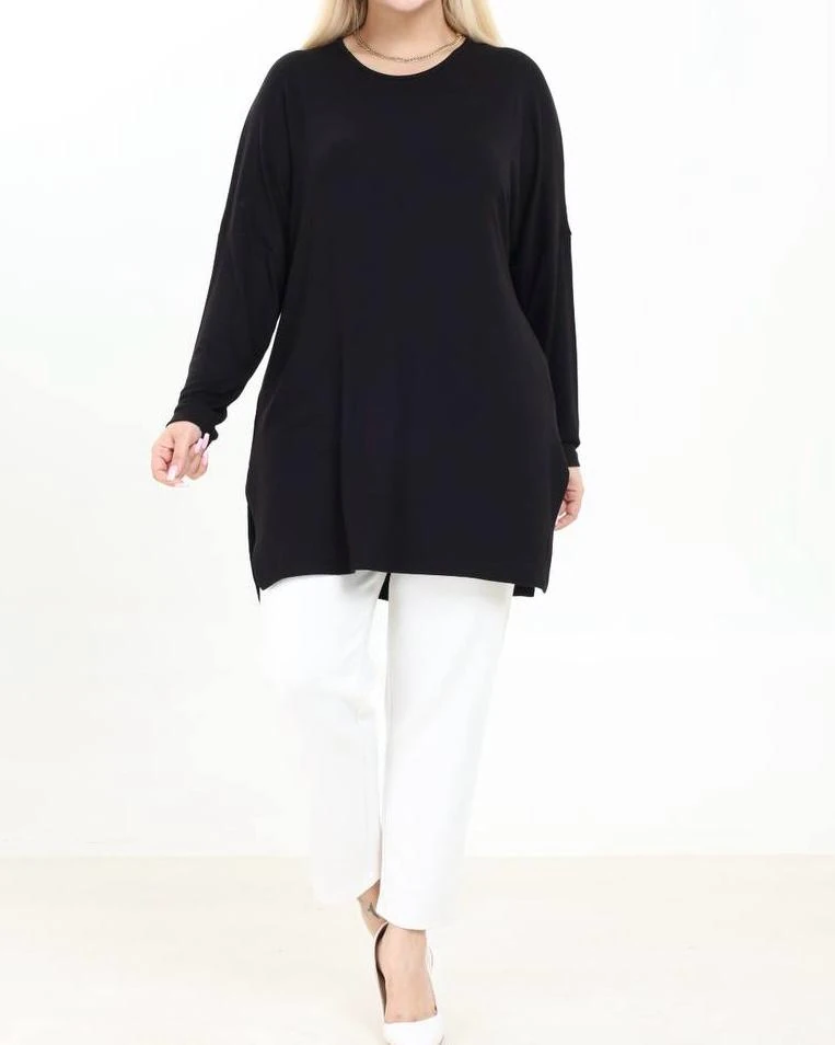 Yırtmaç Detaylı Bisiklet Yaka Bluz Siyah