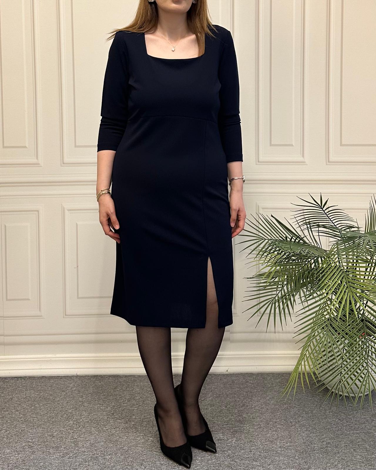 Kare Yaka Elbise Lacivert