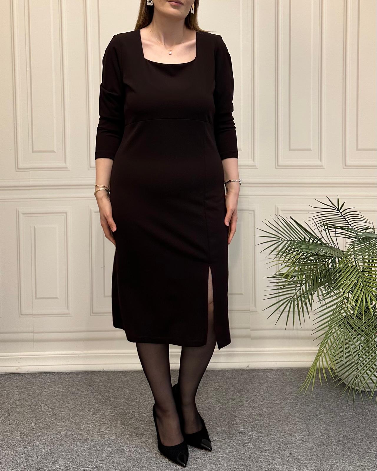 Kare Yaka Elbise Kahve