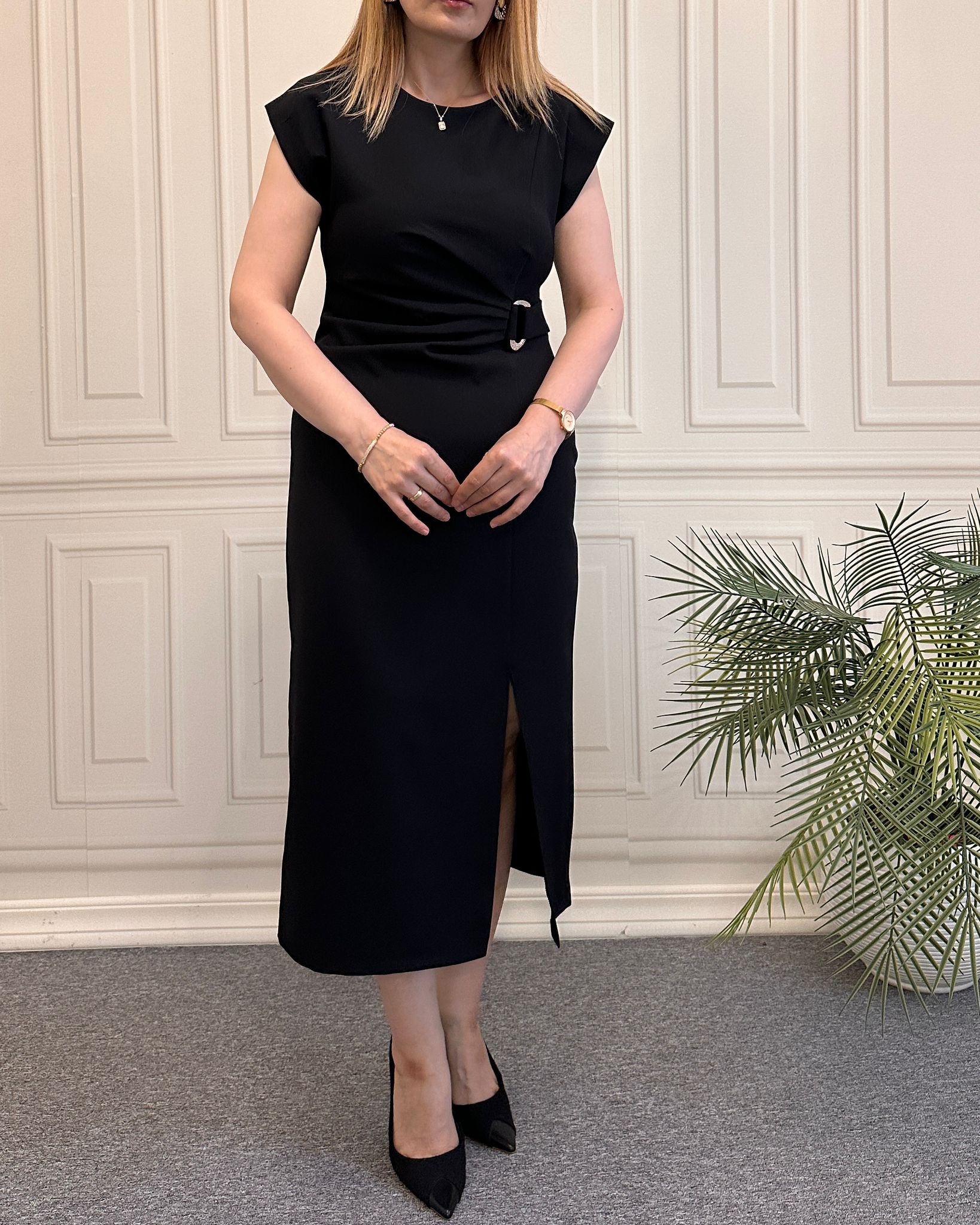  Drape Detaylı Elbise Siyah