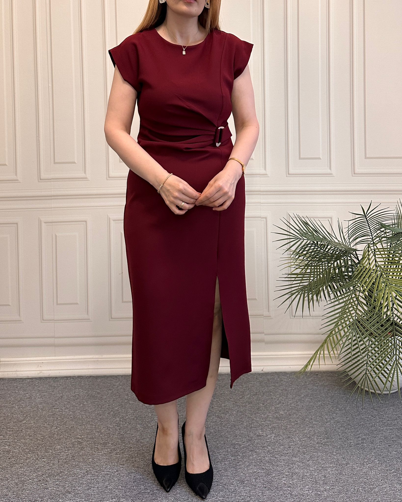  Drape Detaylı Elbise Bordo 