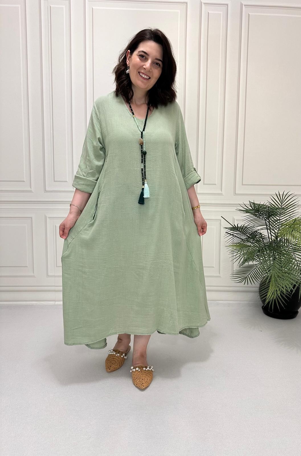 Cepli Muslin Elbise - Mint Yeşili