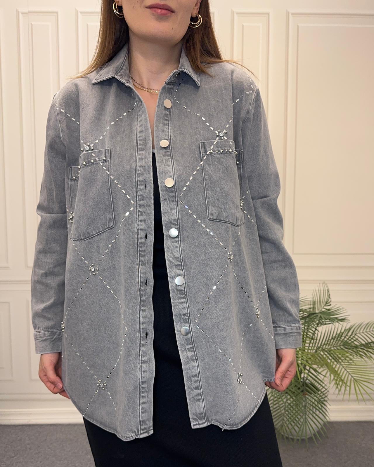 Taş İşlemeli Kot Gömlek Gri