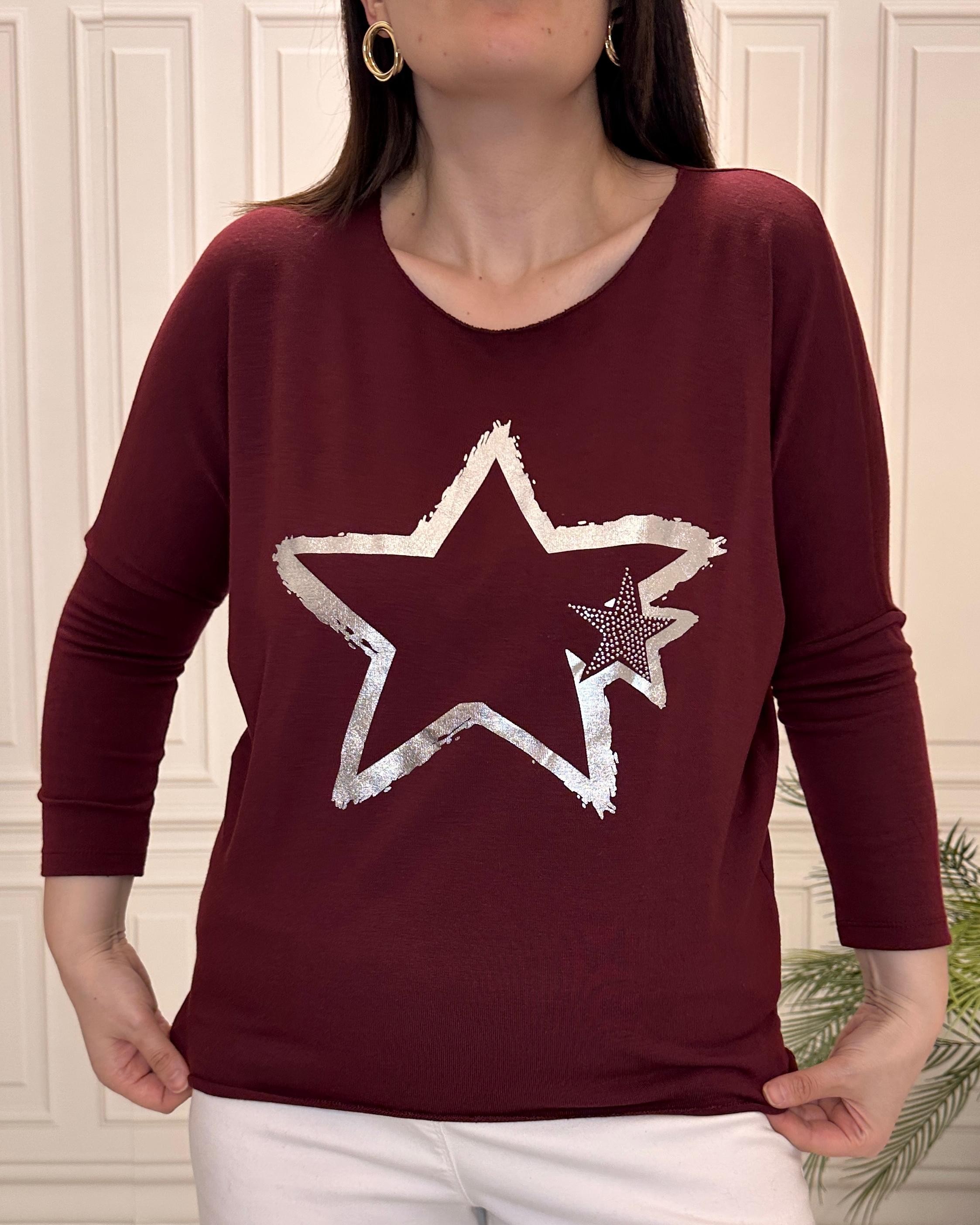 Varak Yıldız Baskılı Bluz Bordo