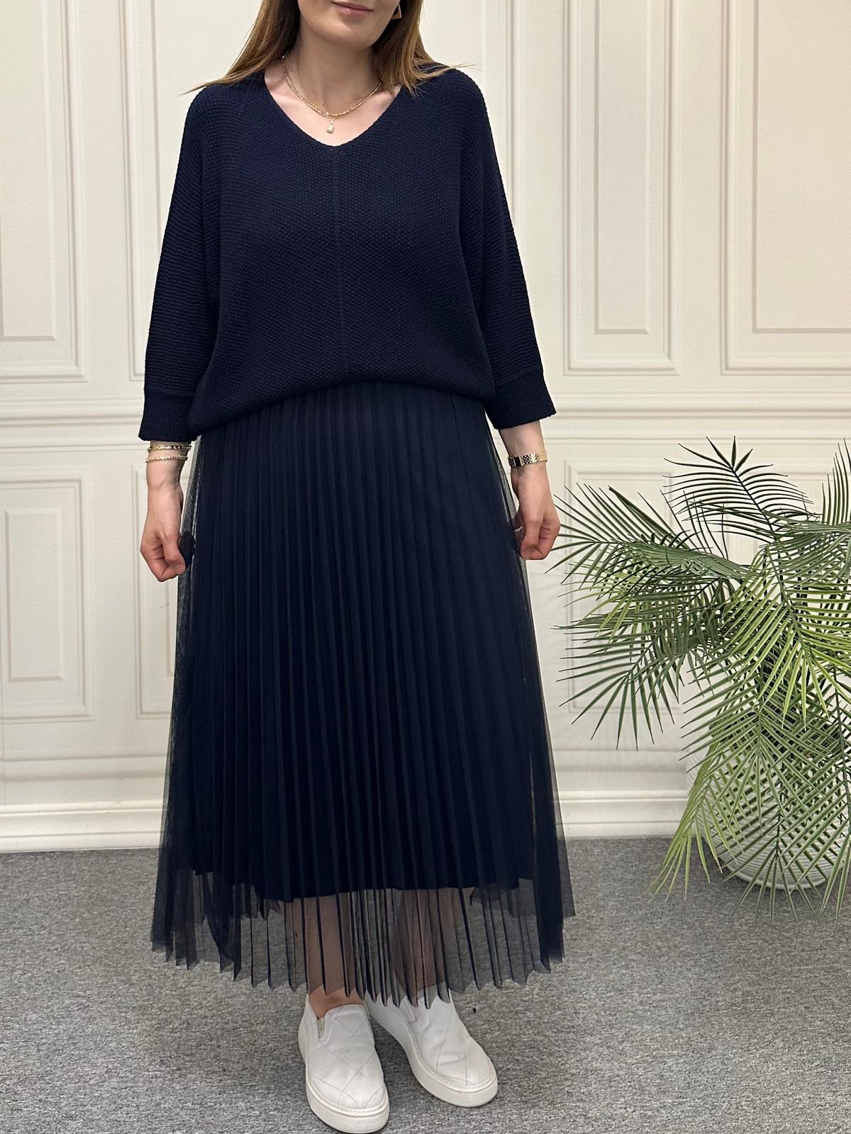 Triko Ve Piliseli Elbise İkili Takım Lacivert