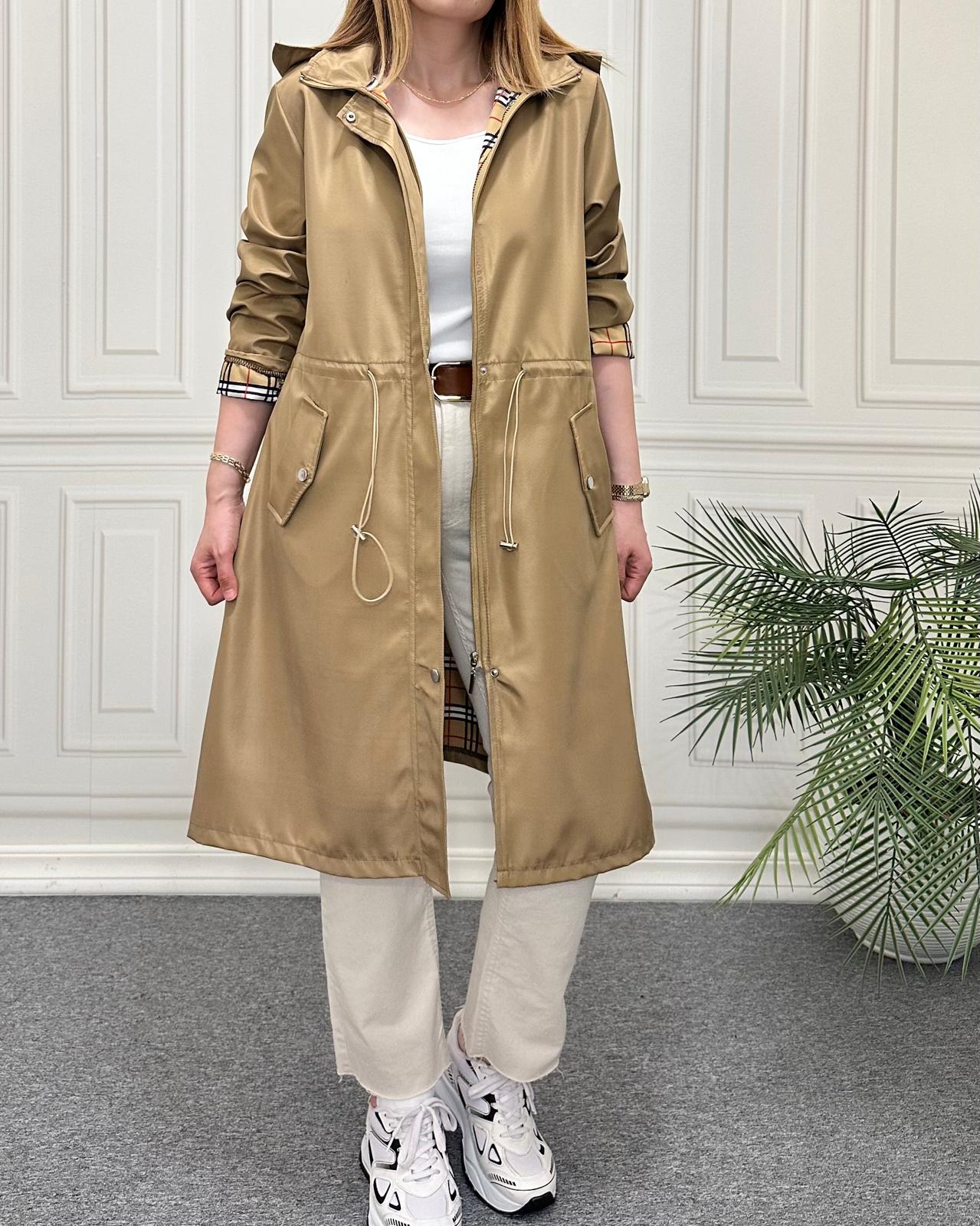 Bondit Kumaş Uzun Trenç Bal Köpüğü