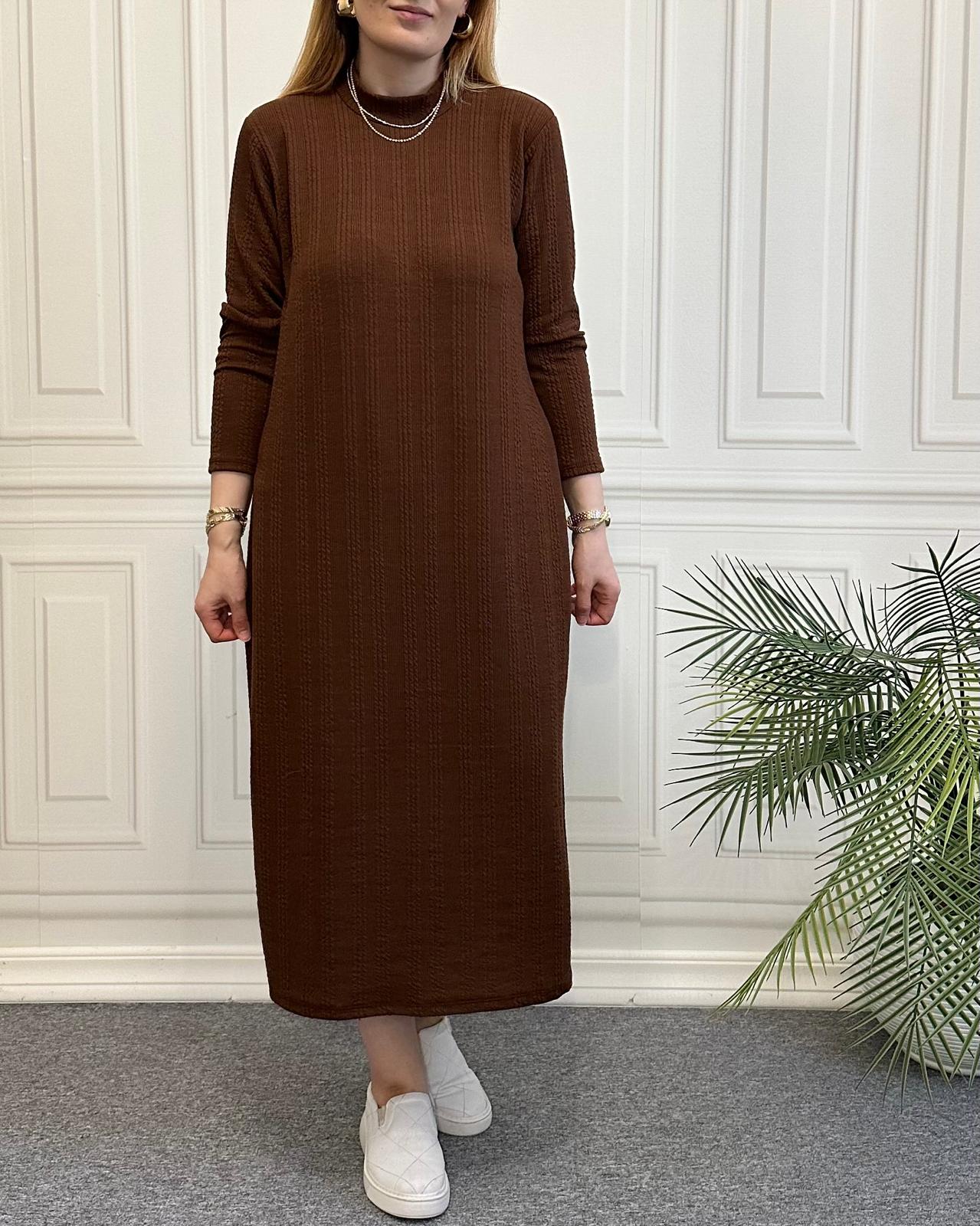 Balıkçı Yaka Elbise Kahverengi