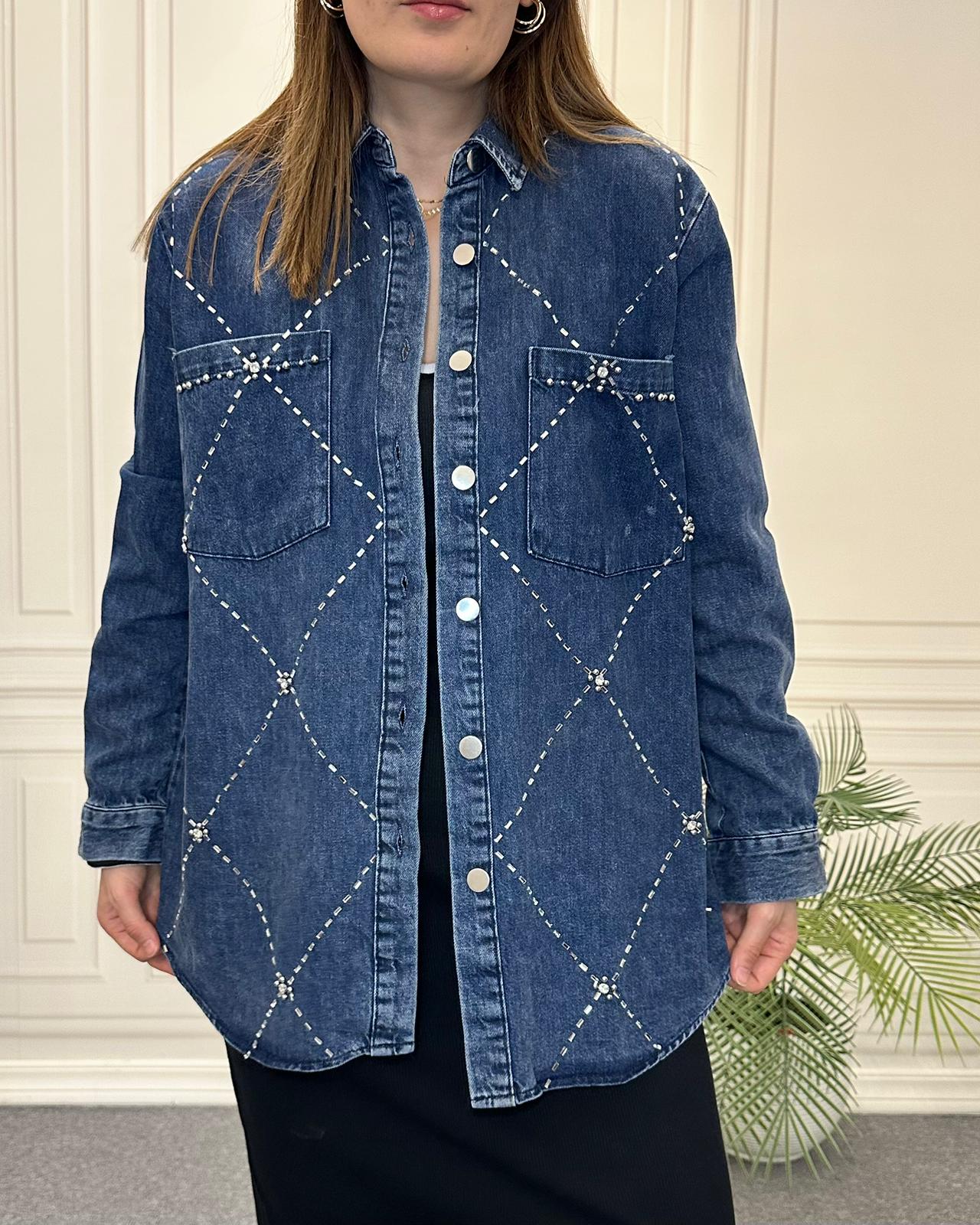 Taş İşlemeli Kot Gömlek Mavi