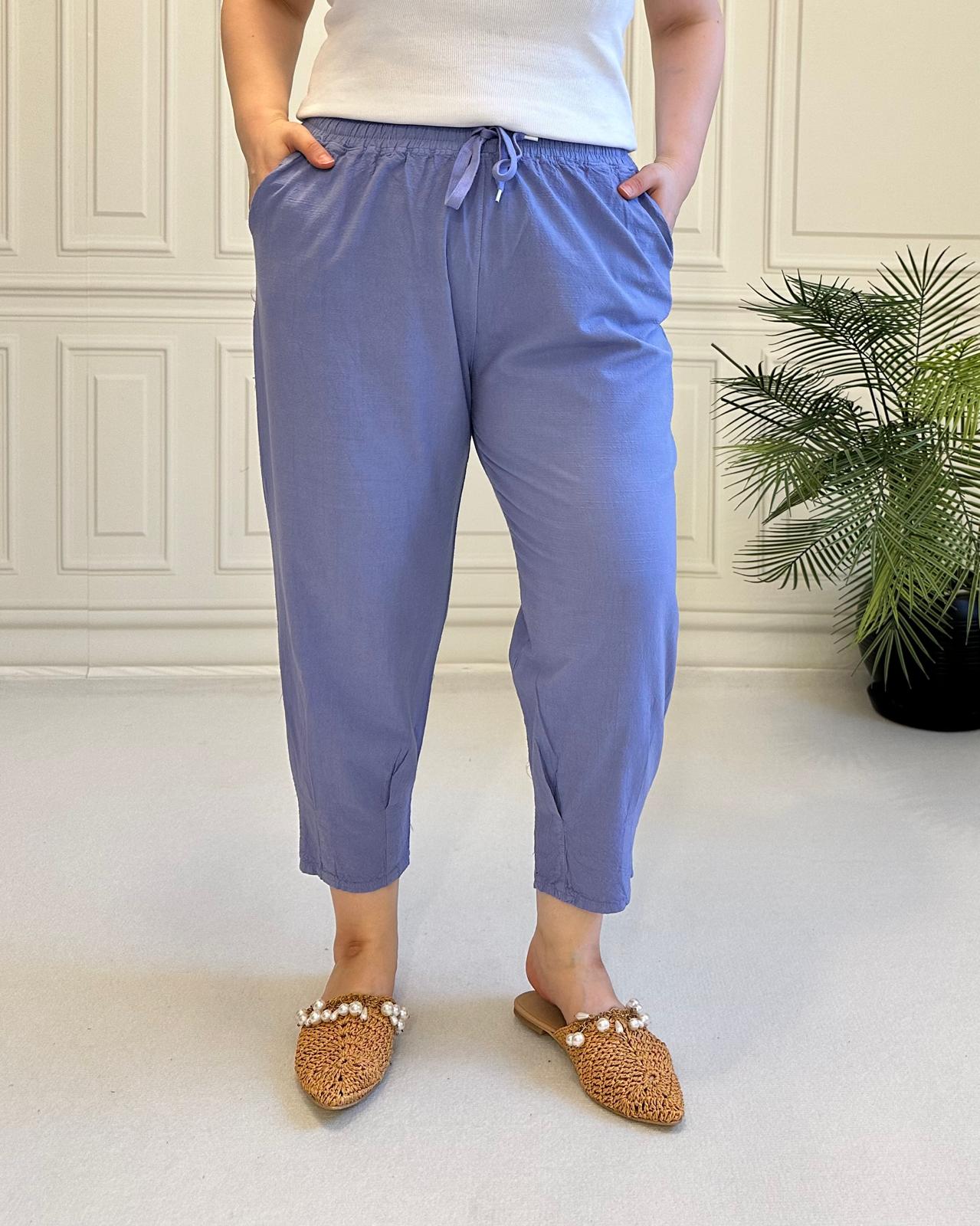 Paçası Pensli Keten Pantolon Lila