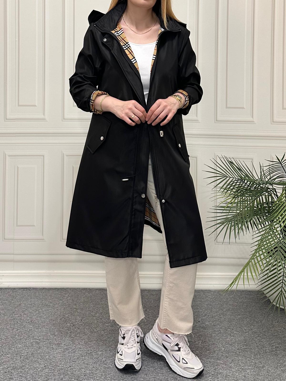 Bondit Kumaş Uzun Trenç Siyah