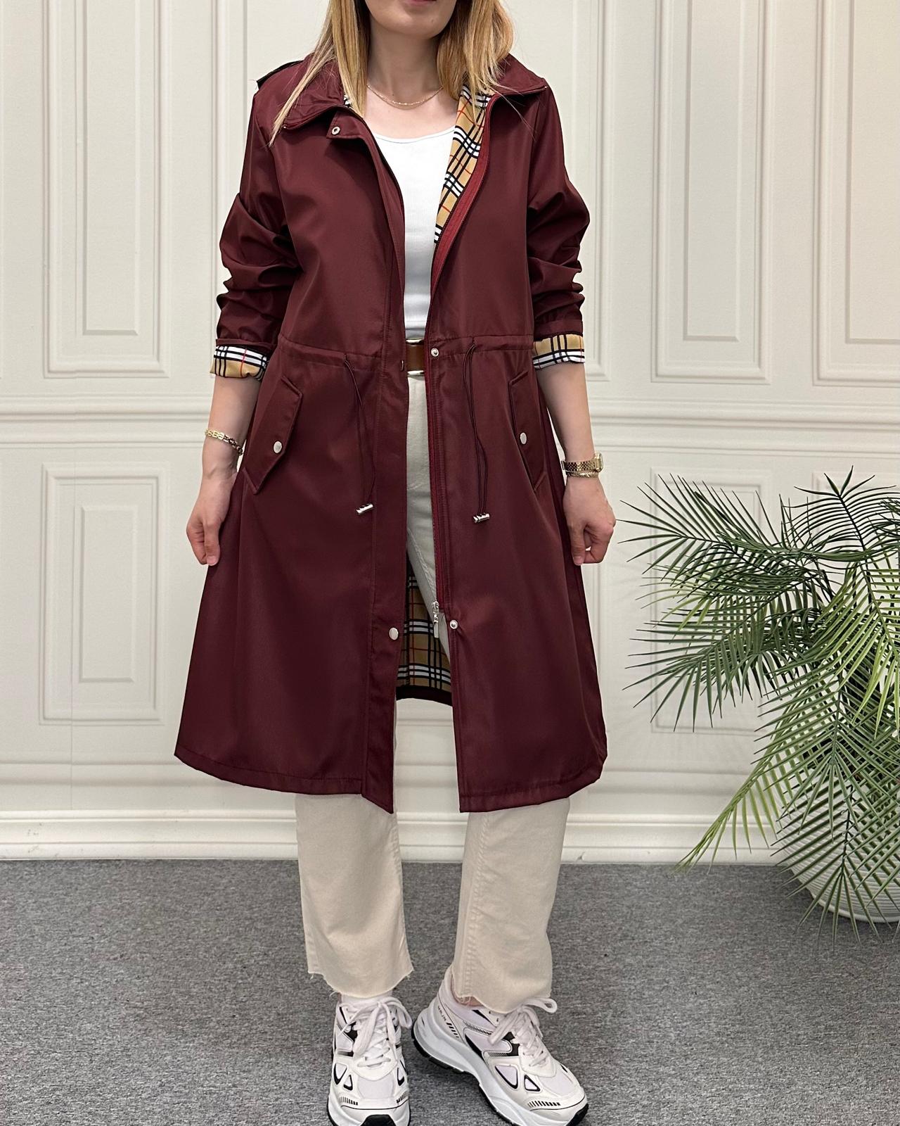 Bondit Kumaş Uzun Trenç Mürdüm