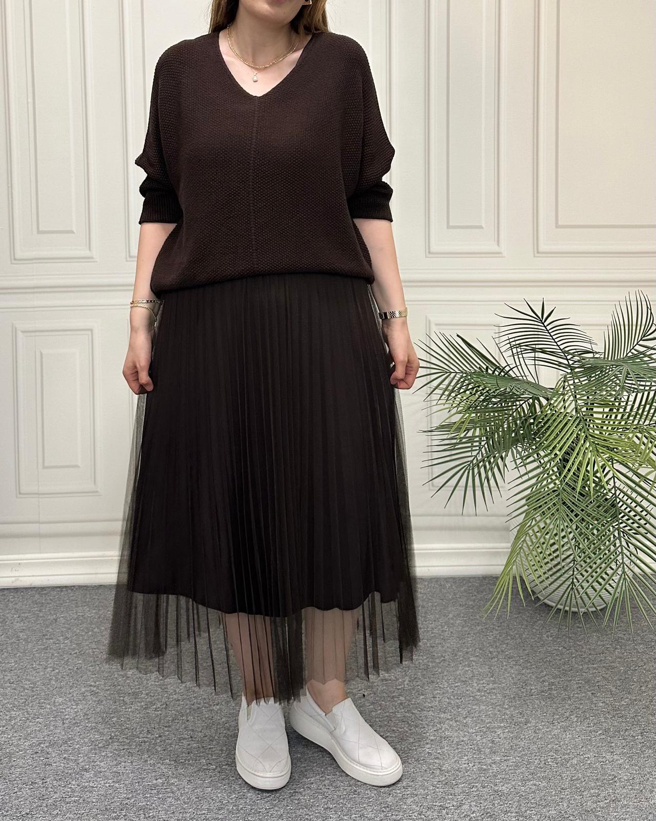 Triko Ve Piliseli Elbise İkili Takım Kahve