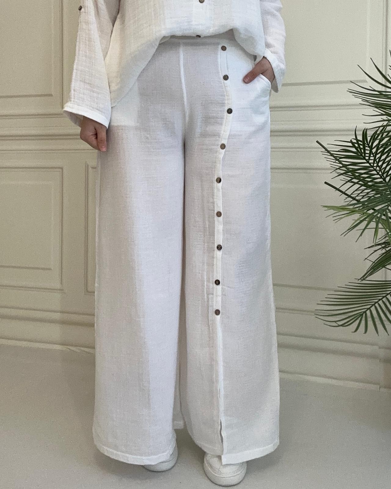 Düğmeli Muslin Pantolon Beyaz