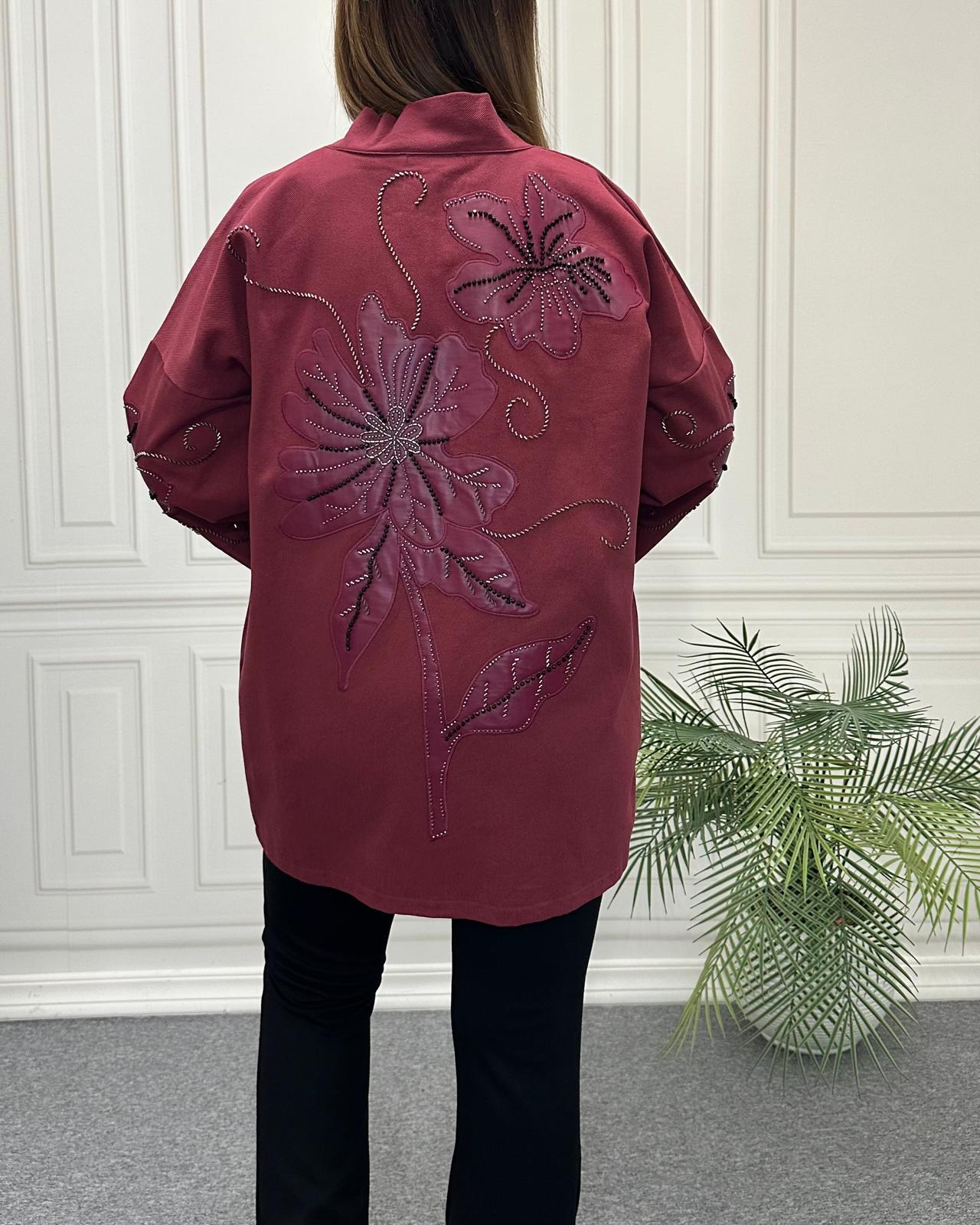 Deri Ve Boncuk Detaylı Kimono Bordo