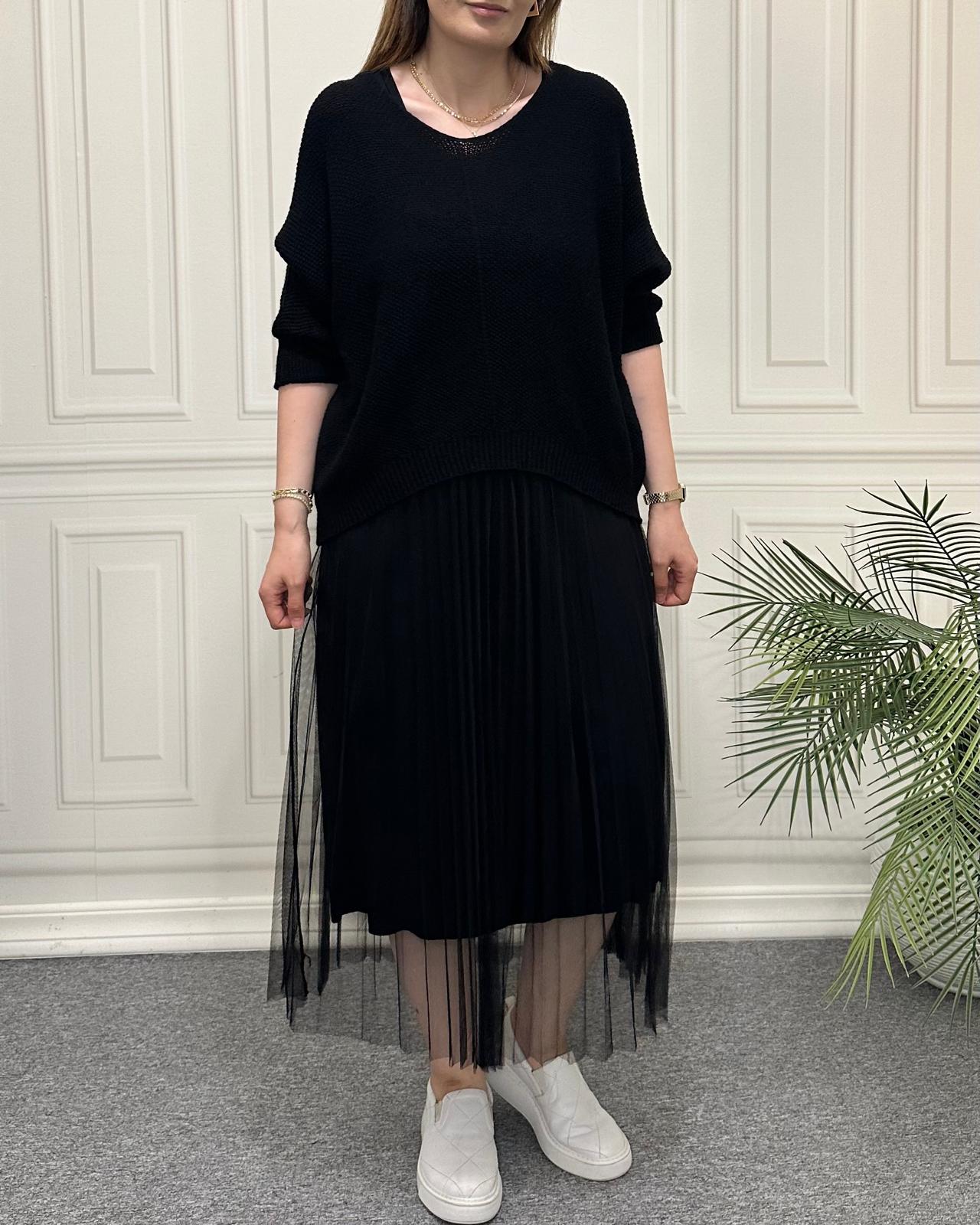 Triko Ve Piliseli Elbise İkili Takım Siyah