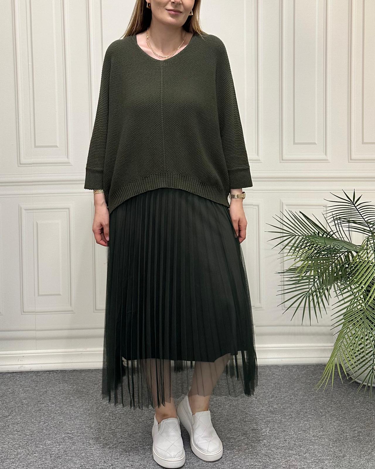 Triko Ve Piliseli Elbise İkili Takım Haki