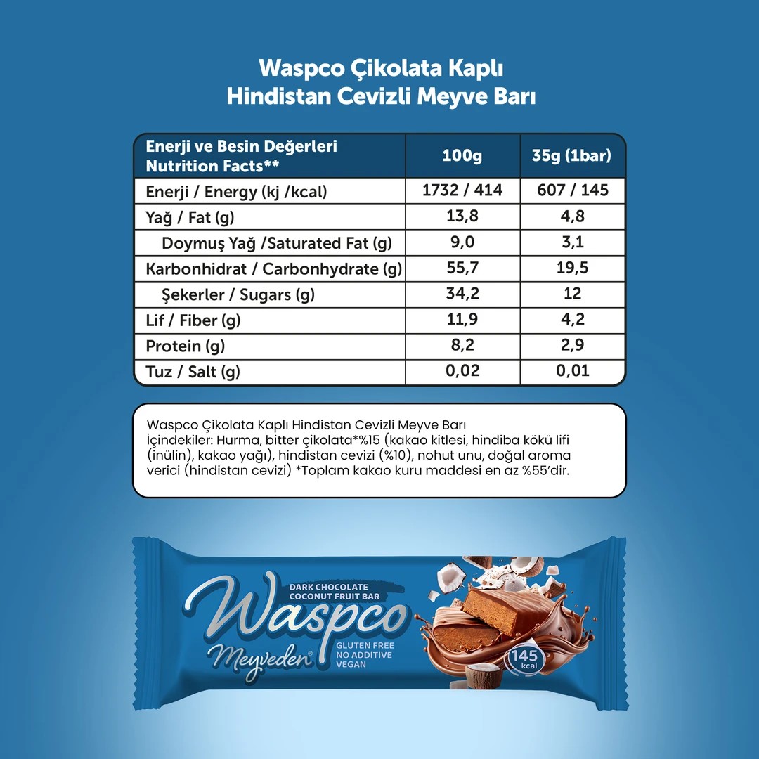 Waspco Bi̇tter Çi̇kolatalı Hi̇ndi̇stan Cevi̇zli̇ Meyve Bar 35 Gr