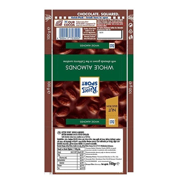 Ritter Sport Tane Bademli̇ Sütlü Çi̇kolata 100 Gr
