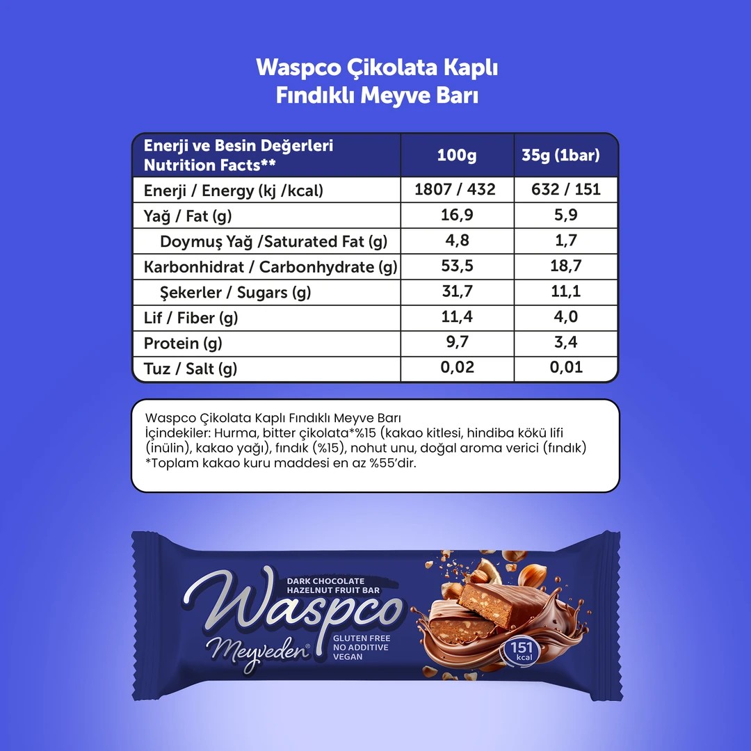 Waspco Bi̇tter Çi̇kolatalı Fındıklı Meyve Bar 35 Gr