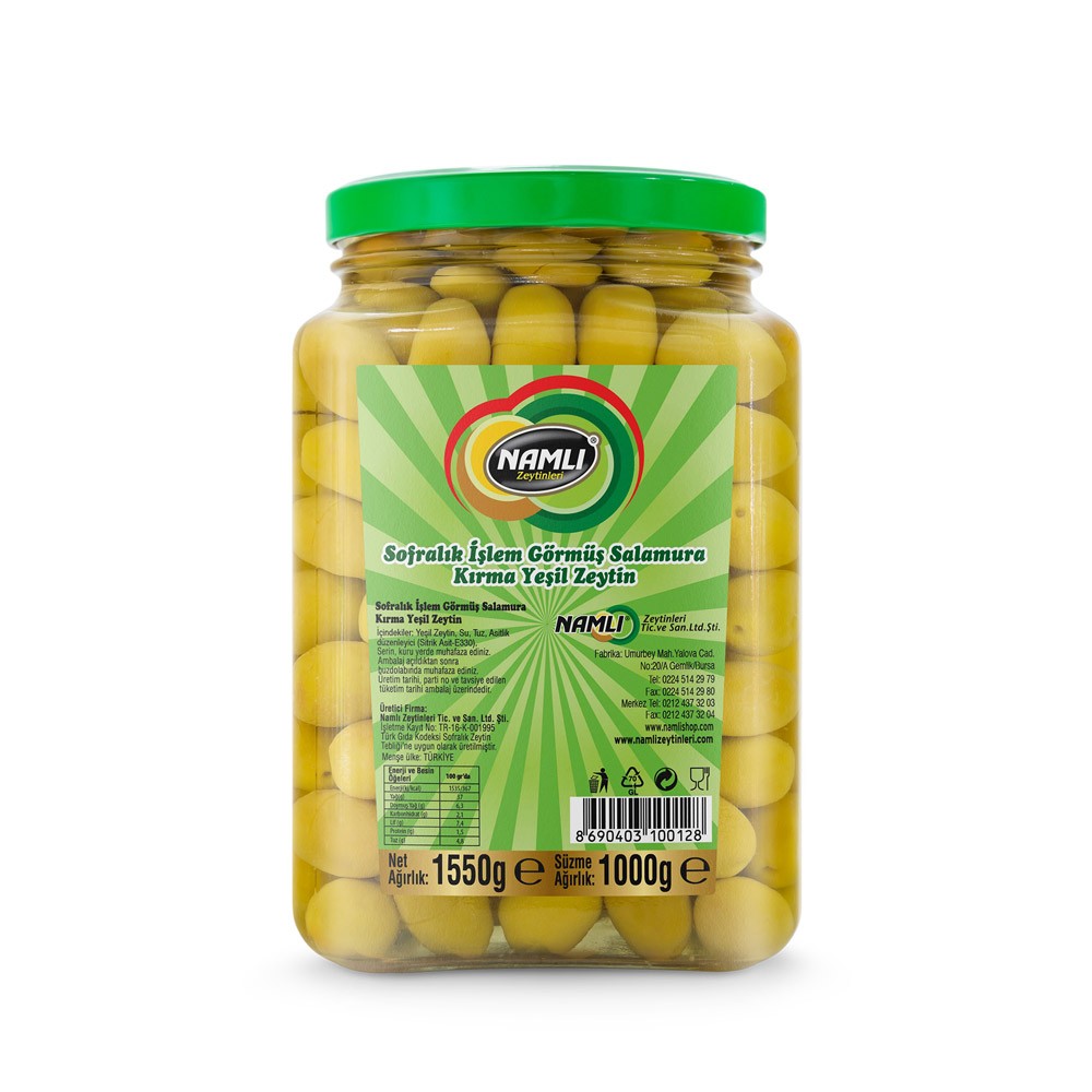 Namlı Sofralık İşlem Görmüş Salamura Kırma Yeşi̇l Zeyti̇n 1000 Gr