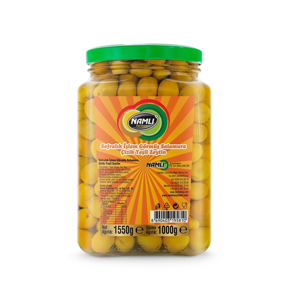 Namlı Sofralık İşlem Görmüş Salamura Çi̇zi̇k Yeşi̇l Zeyti̇n 1000 Gr