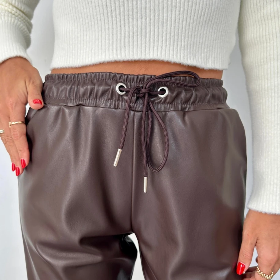 Beli Lastikli Acı Kahve Deri Pantolon