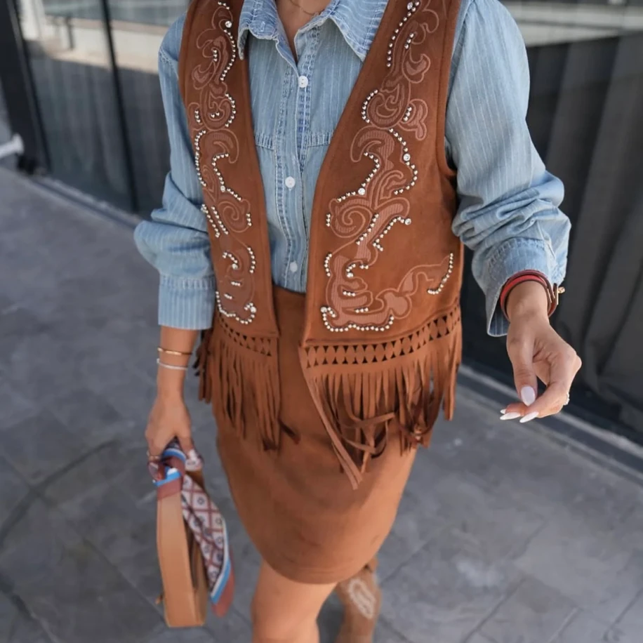 Nakışlı Taş Baskılı Süet Tasarım Yelek