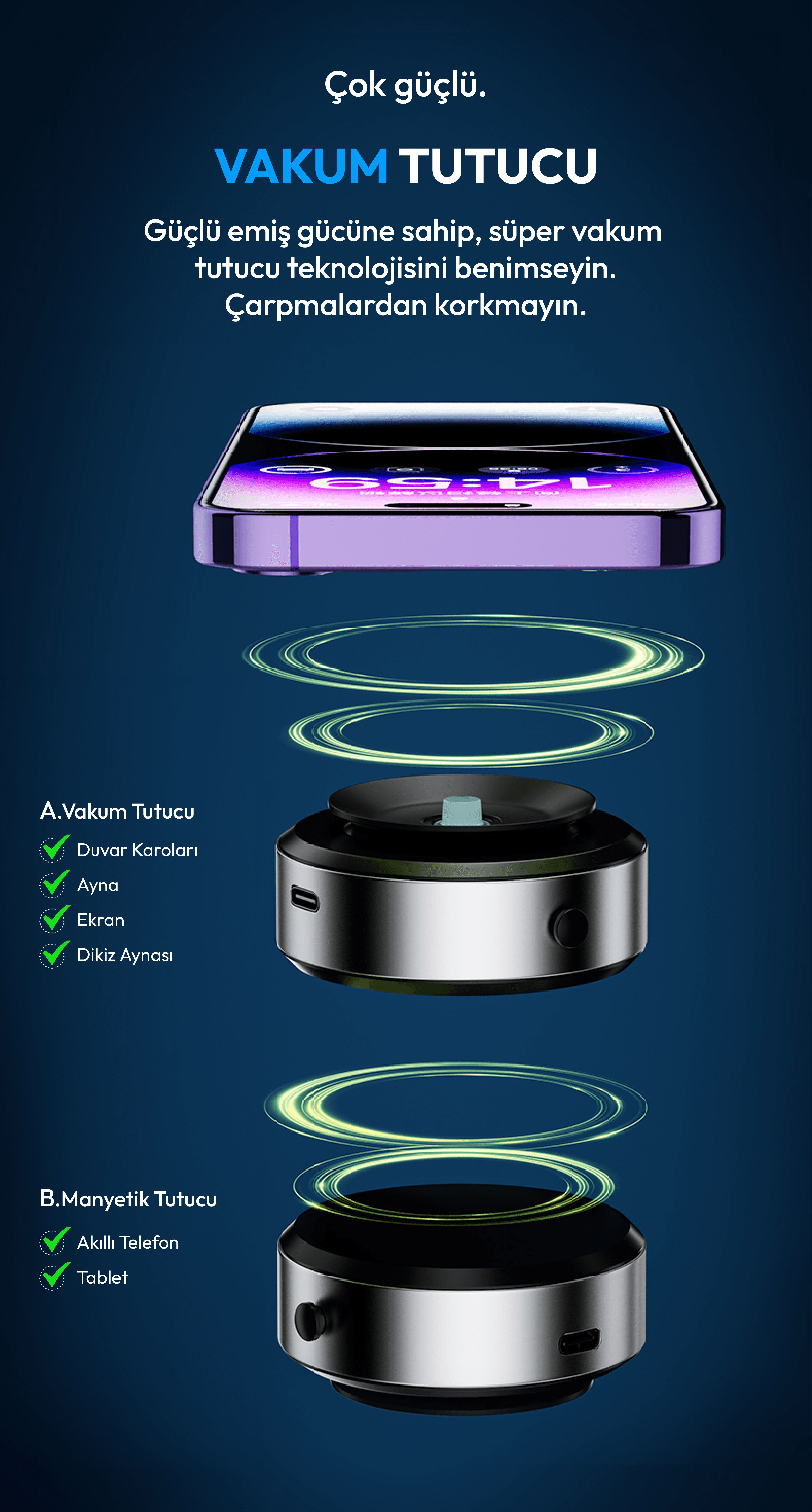 Xonect - iPhone ve Manyetik Özellikli Telefonlar İçin Elektrikli Vakumlu Çift Taraflı Çok Fonksiyonlu Akıllı Telefon Tutucu