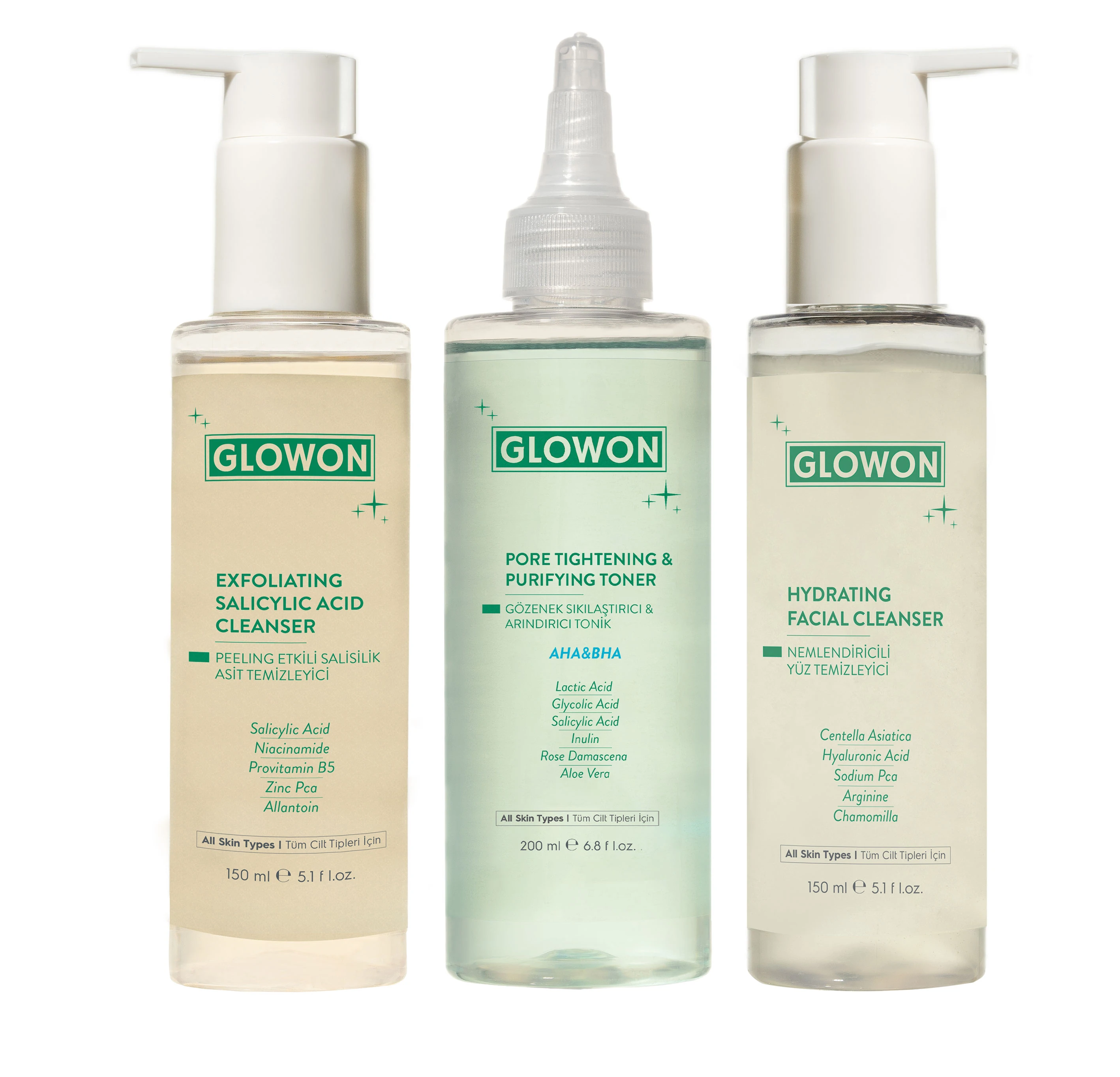 GLOWON Tam Cilt Temizliği Seti 3'lü - Tonik, Yüz ve Makyaj Temizleyici ile Gözenek Sıkılaştırma