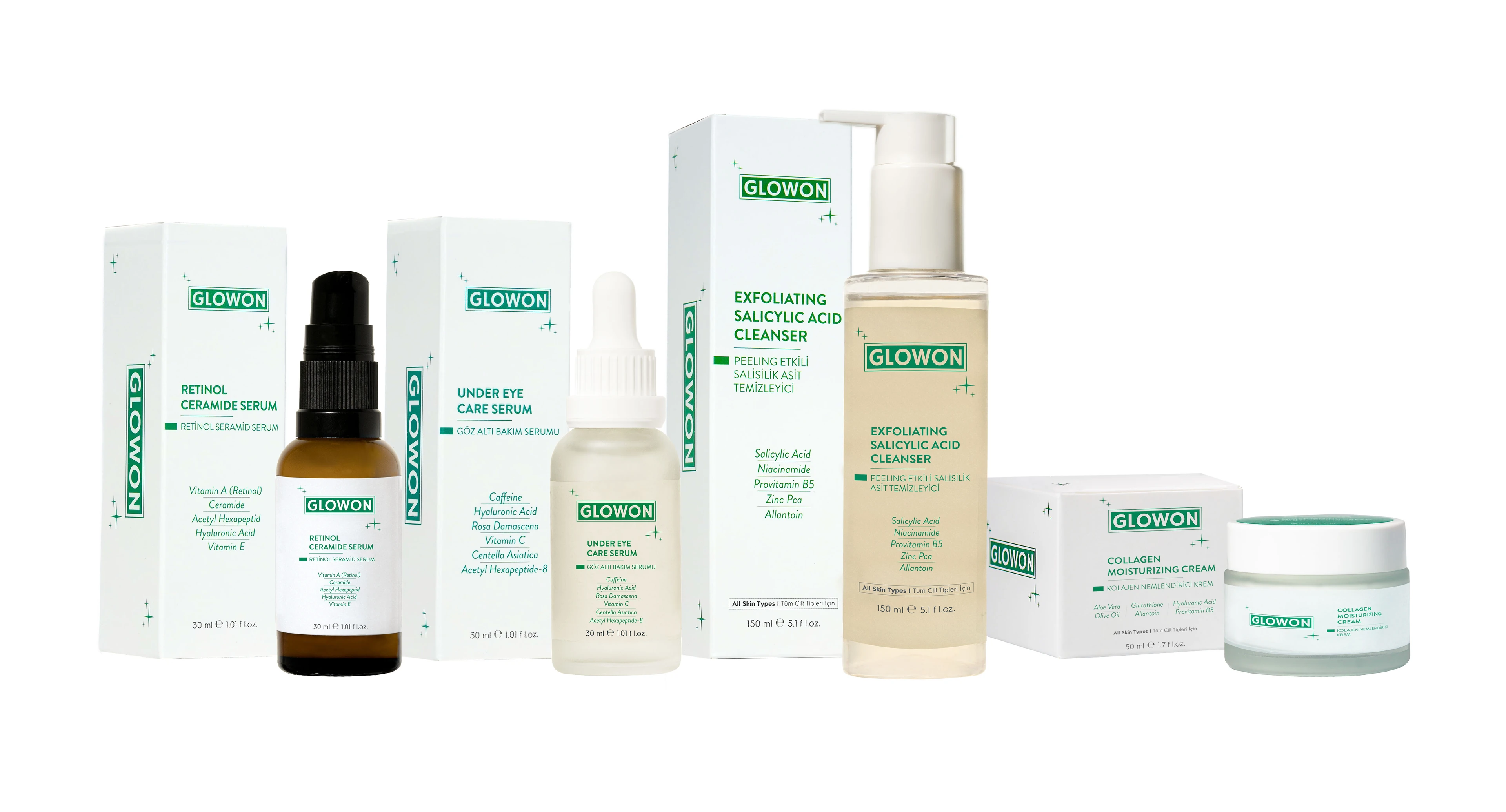 GLOWON Retinol, Göz Altı Serumu ve Krem İçeren Kapsamlı Gece Bakım Seti 4'lü